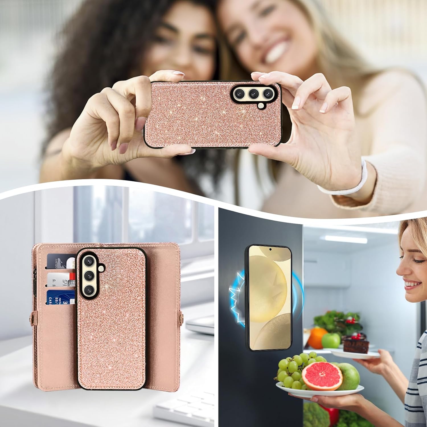 Asuwish Phone Case for Samsung Galaxy S24 5G Zipper Wallet Detachable Cell Cover with Tempered Glass Screen Protector Lanyard Wrist Strap Flip Credit Card Holder Slot S 24 24S G5 Women Men Rosegold