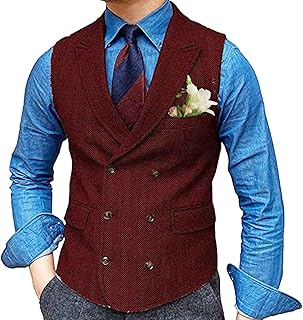 Mens Double Breasted Herringbone Waistcoat with 2 Real Pockets and 1 Chest Pocket Formal Groomman Lapel Suit Vest for Tuxe...
