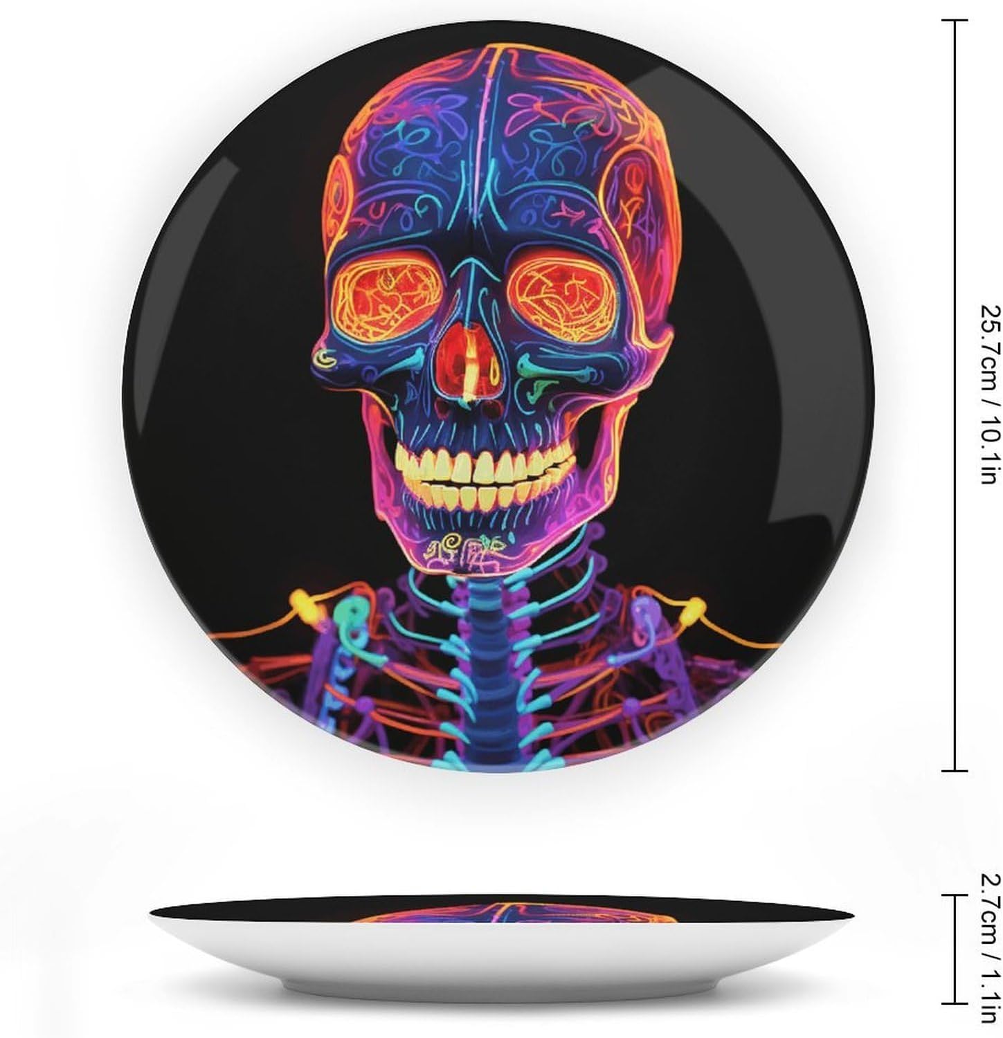 Skull Glowing Ceramic Plate 10inch Decorative Bone China Wall Hanging Ornament Plates Bohemian Style Dinner Plate with Display Stand Cabinet Display Plates for Home Art Decor