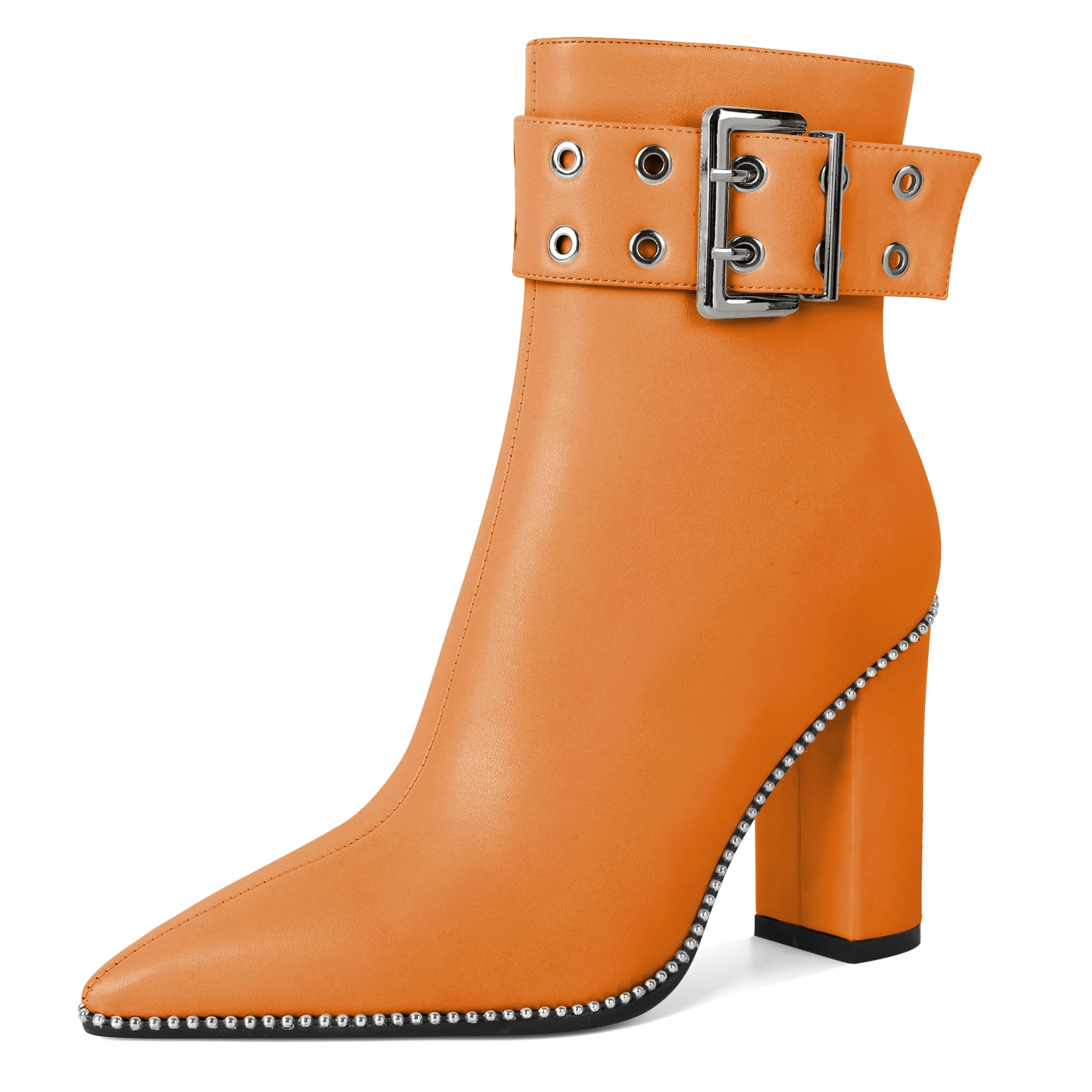 YODEKS Womens Ankle Boots 3.7 Inch Heel Chunky Boots Beaded Eyelets Buckle Strap Side Zipper Boots