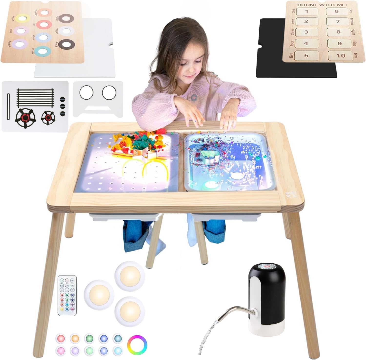 MEKA Sensory Table 6-in-1, Includes 6 Play Panels and 2 Sensory Bins, Sensory Table Kitchen Panels, Lights 3 Pack with Remote, Rechargeable Water Pump Accessory