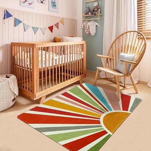 Miniatura 3 de STARUIA Alfombra bohemia lavable de 3 x 5 pies para sala de juegos, alfombras coloridas para niños, para dormitorio, alfombra de sol, suave,