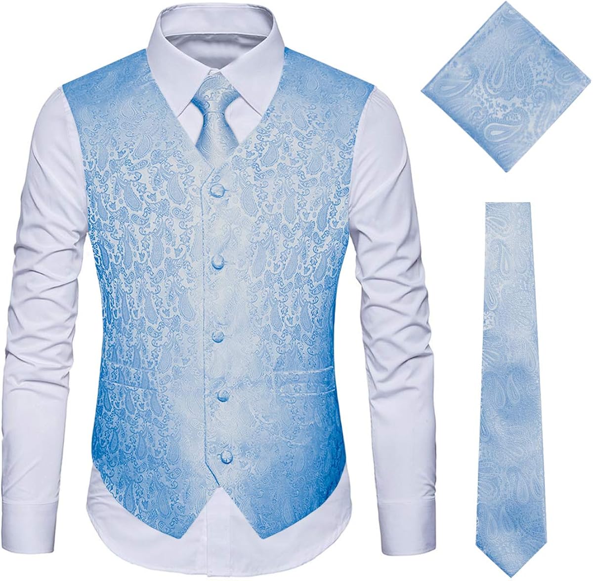 WULFUL Men's 3pc Paisley Vest Necktie Pocket Square Set for Suit or Tuxedo