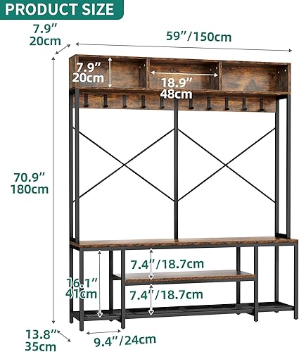 Miniatura 7 de YITAHOME Banco de entrada con perchero, árbol de pasillo 5 en 1 con almacenamiento de zapatos, perchero industrial independiente con estantes de