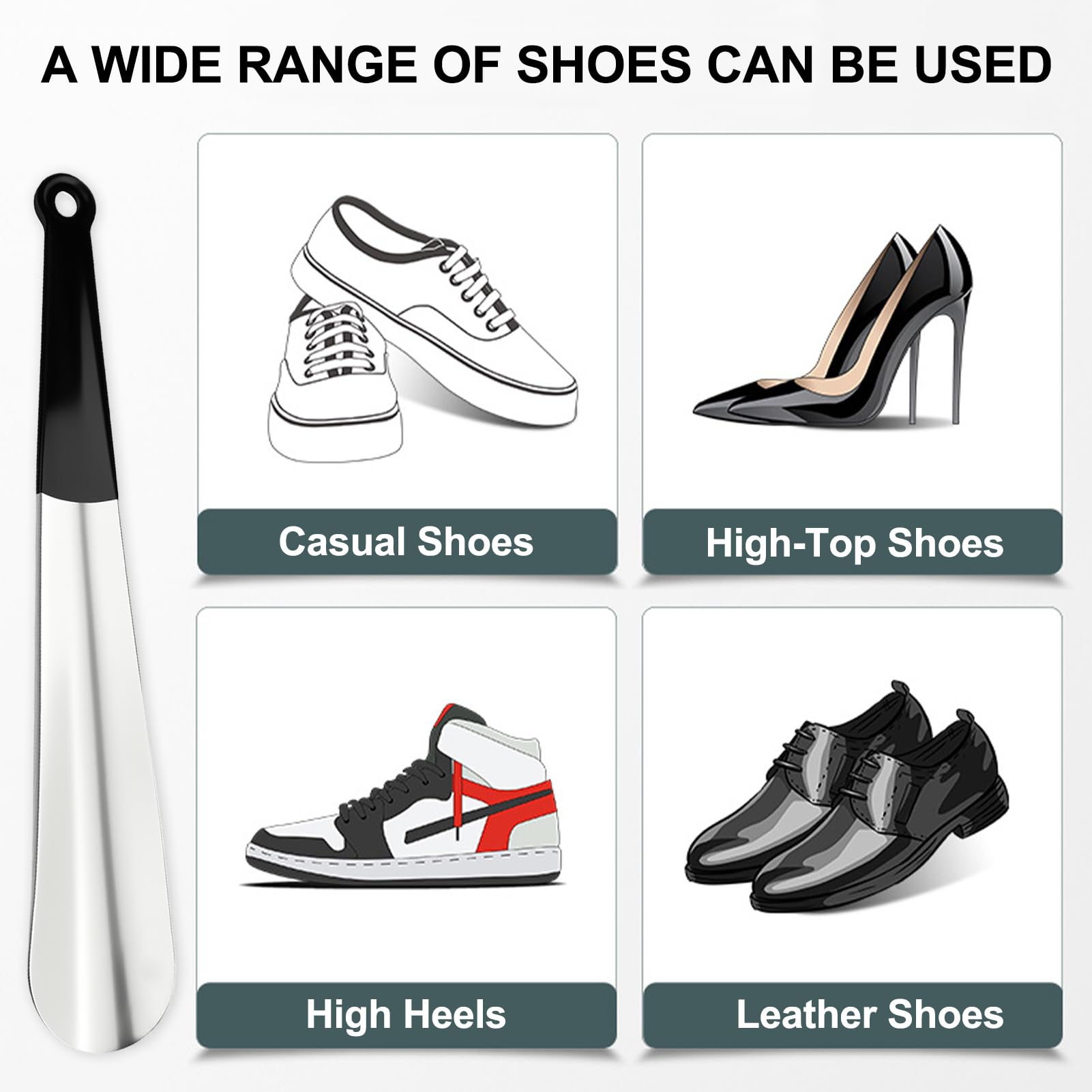 Calzador de Acero Inoxidable 30cm Metalico Largo para Zapatos con Orificios Colgar Ergonómico 1,8mm Espesor Plata