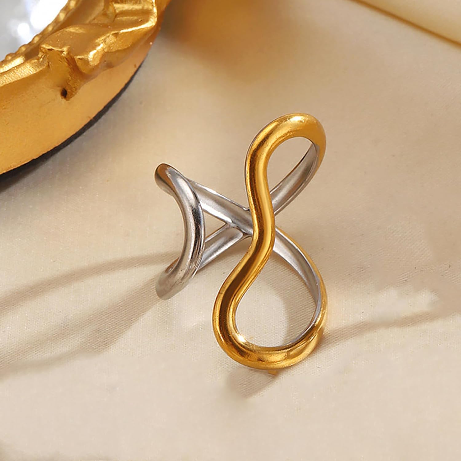 Mixed Metal Two Tone Ring for Women Adjustable Chunky Thumb Rings Statement Gold Wave Ring Dainty Stainless Steel Non Tarnish Rings Unique Jewelry Gift - Image 4