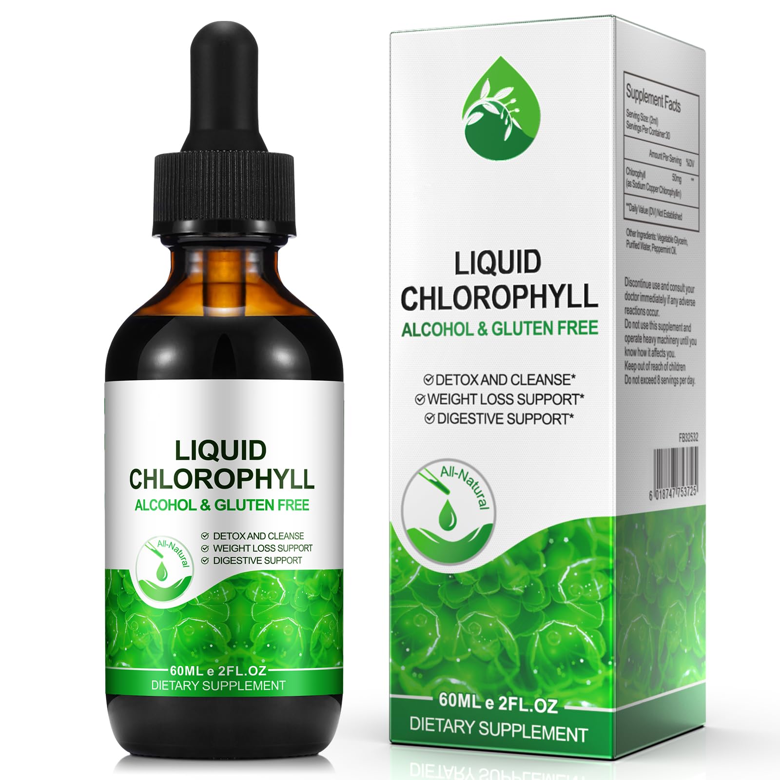 Chlorophyll Liquid Drops 60ml, 100% Natural Organic Liquid Chlorophyll Drops for Body Odor Balance,Fresh Breath, Digestion, Gut Health, Energy, Body Freshness, Peppermint Flavored Fast Absorption