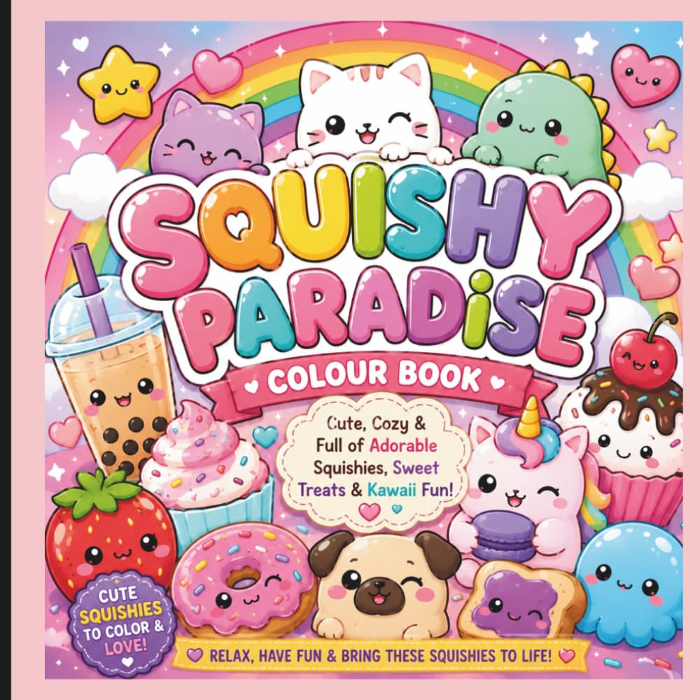 Squishy Paradise: Cute Coloring Book with Adorable Squishies, Sweet Treats, Cute Animals, and Easy Bold Designs for Kids, Teens & Adults