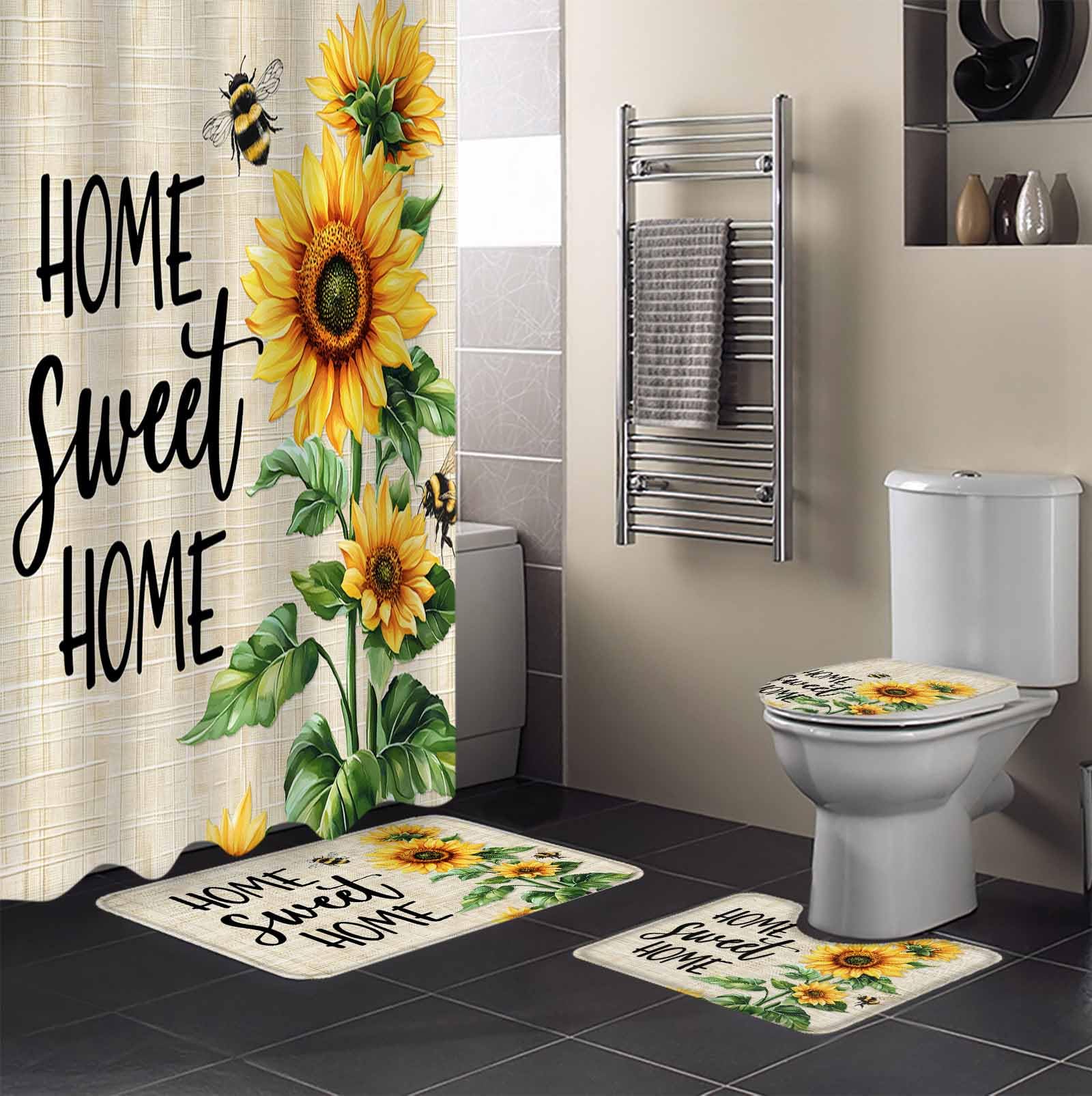 Sunflower Beige Bathroom Set with Shower Curtain and Rug Accessories - 36x72 Inches Long Farmhouse Bee Country Rustic Wooden Grain Stall Curtain Waterproof with Small Bath Mat,Washable Runner Rug Set