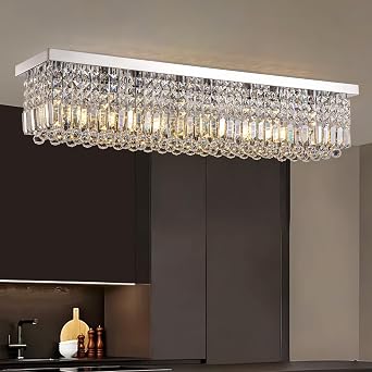 Modern Crystal Chandeliers for Dining Room Light Fixture, 8-Light Rectangle Chandelier Ceiling Light for Kitchen Island Living Room, L39.4 Inch, Chrome Finish