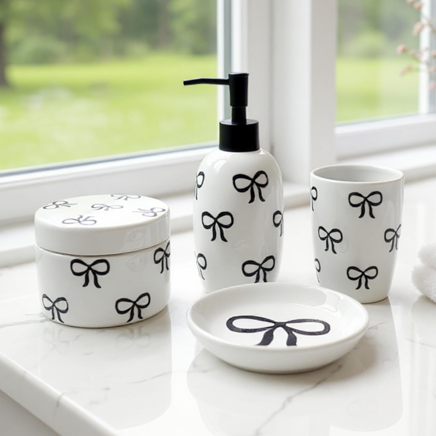 Pink Bathroom Set, 4 Pcs Ceramic Bathroom Accessory Sets - Soap Dispenser, Tumbler Toothbrush Holder, Vanity Soap Tray, Cotton Swab Jars - Pink Bathroom Decor Gift for Her (Black)