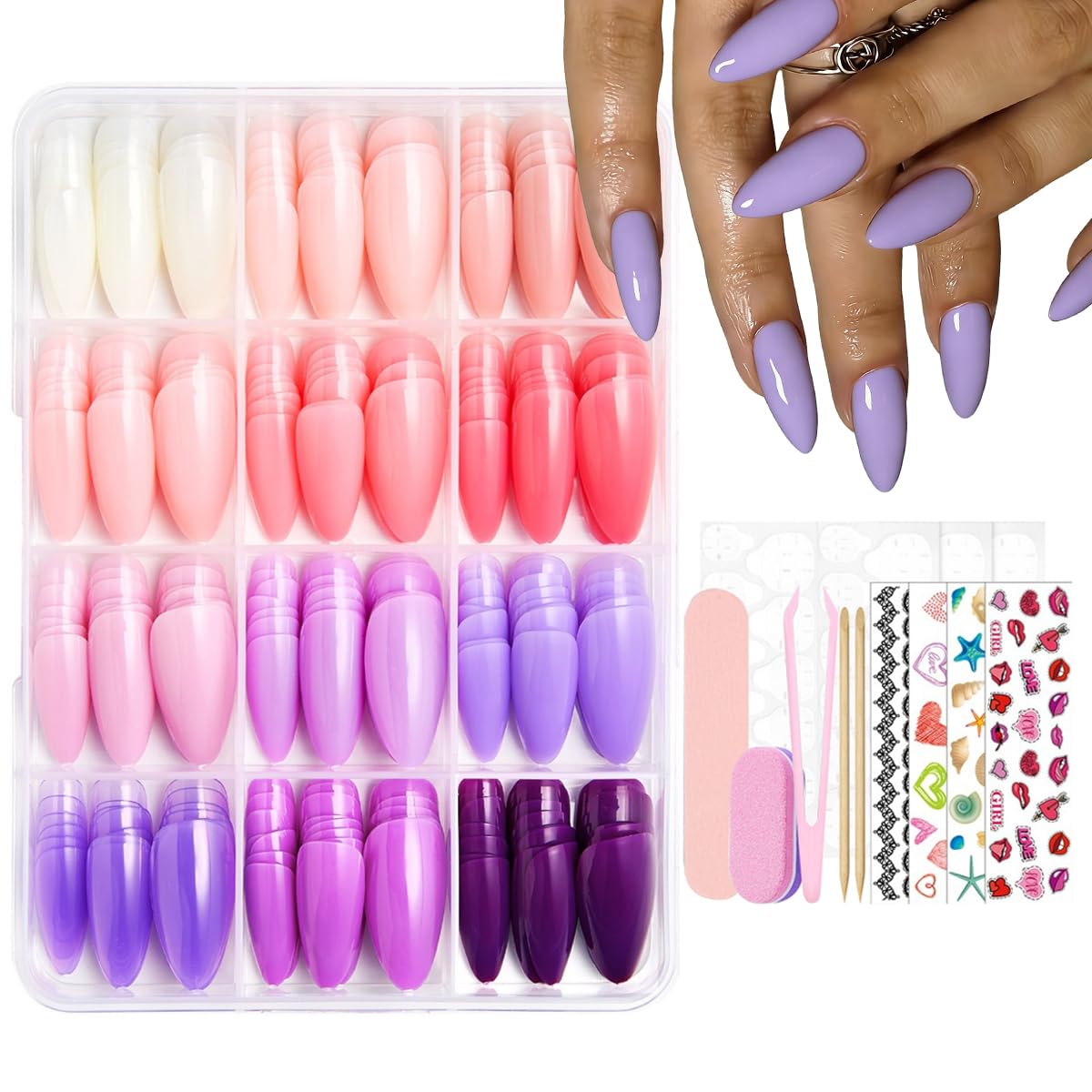 288Pcs Almond Press on Nails - Glossy Full Cover Art