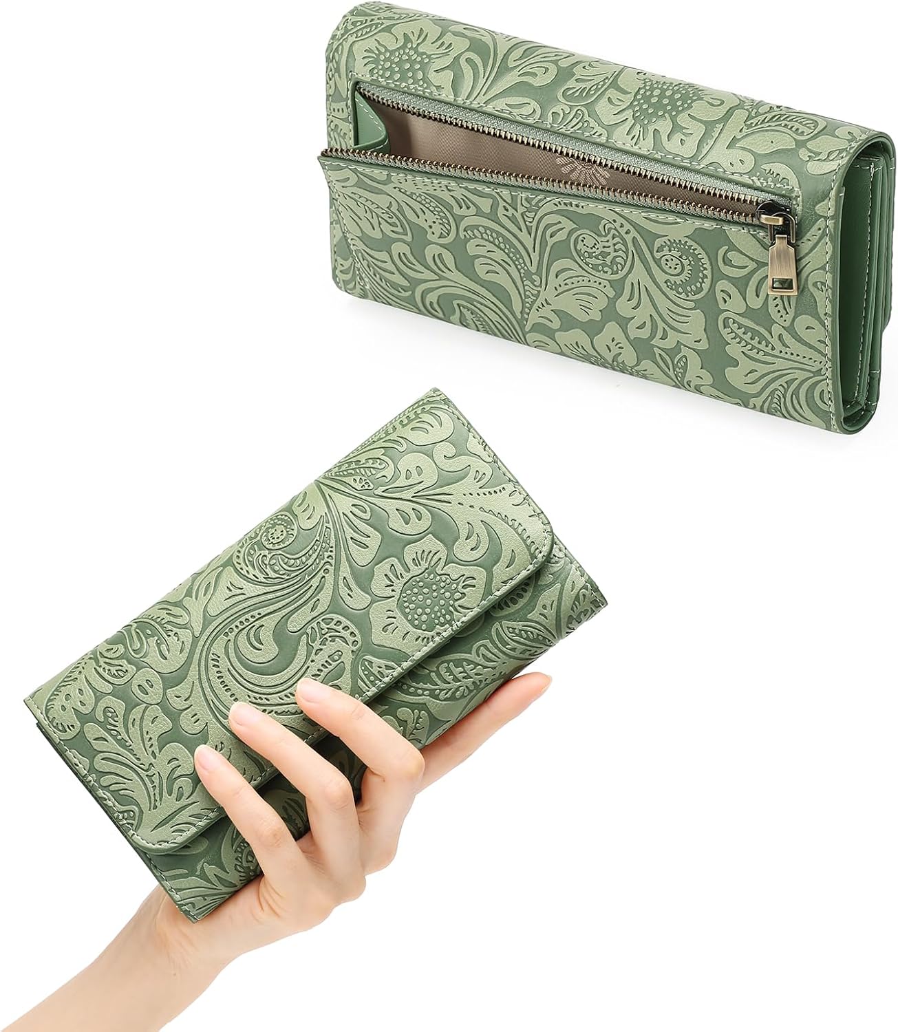 GOIACII Women's Wallet RFID Blocking Long Clutch Ladies Purse Vegan Leather Embossed Flower Green - Image 3
