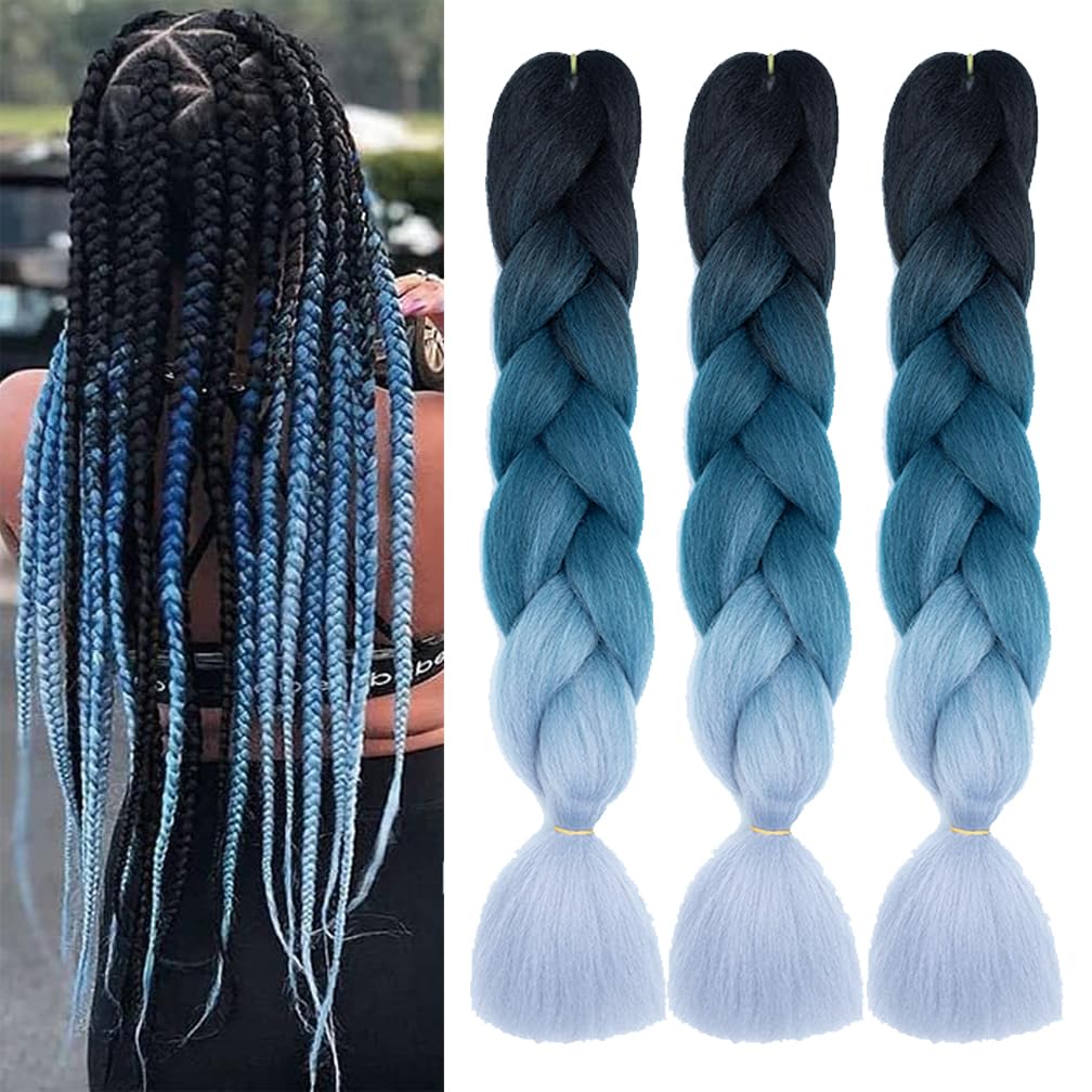 Braiding Hair Black to Dark Blue to Grey Ombre 24 Inch Braid Hair Extensions Hot Water Setting (C19-3Packs)
