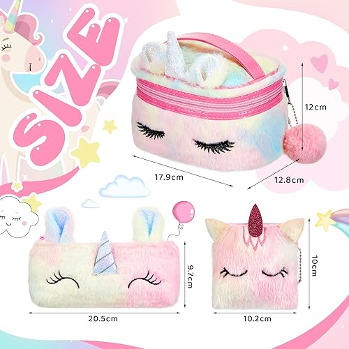 Miniatura 2 de Huhumy Bolsa de maquillaje de unicornio de 3 piezas, organizador de cosméticos con cremallera, kit de maquillaje de unicornio esponjoso, estuche de