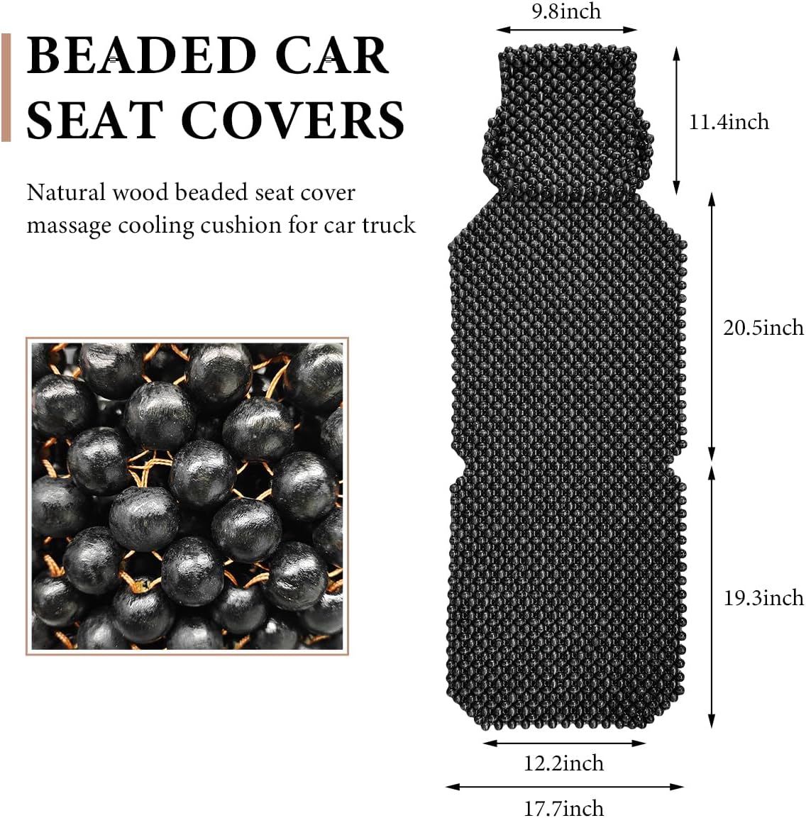 Natural Wood Beaded Seat Cover, Cool & Breathable Back Massaging Cushion for Front Seats, Automotive Seat Mat to Keep Back from Getting Sweaty While Driving, Car Accessories (Black)