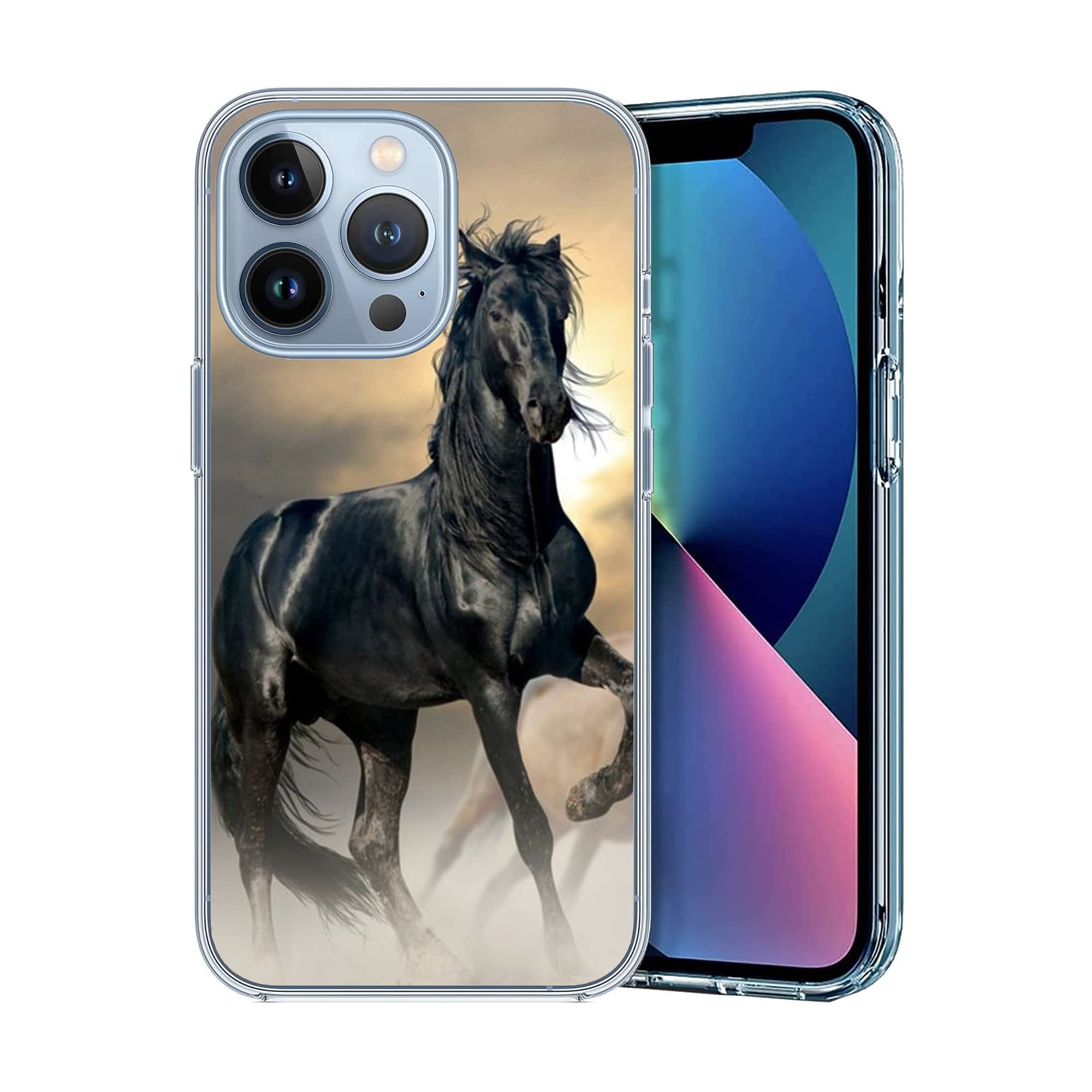 Compatible with iPhone 12 Pro Max Case, Black Horse Cool Animal Horse Clear Case Soft TPU Full Body Protection Cover Case Gift for Women Men