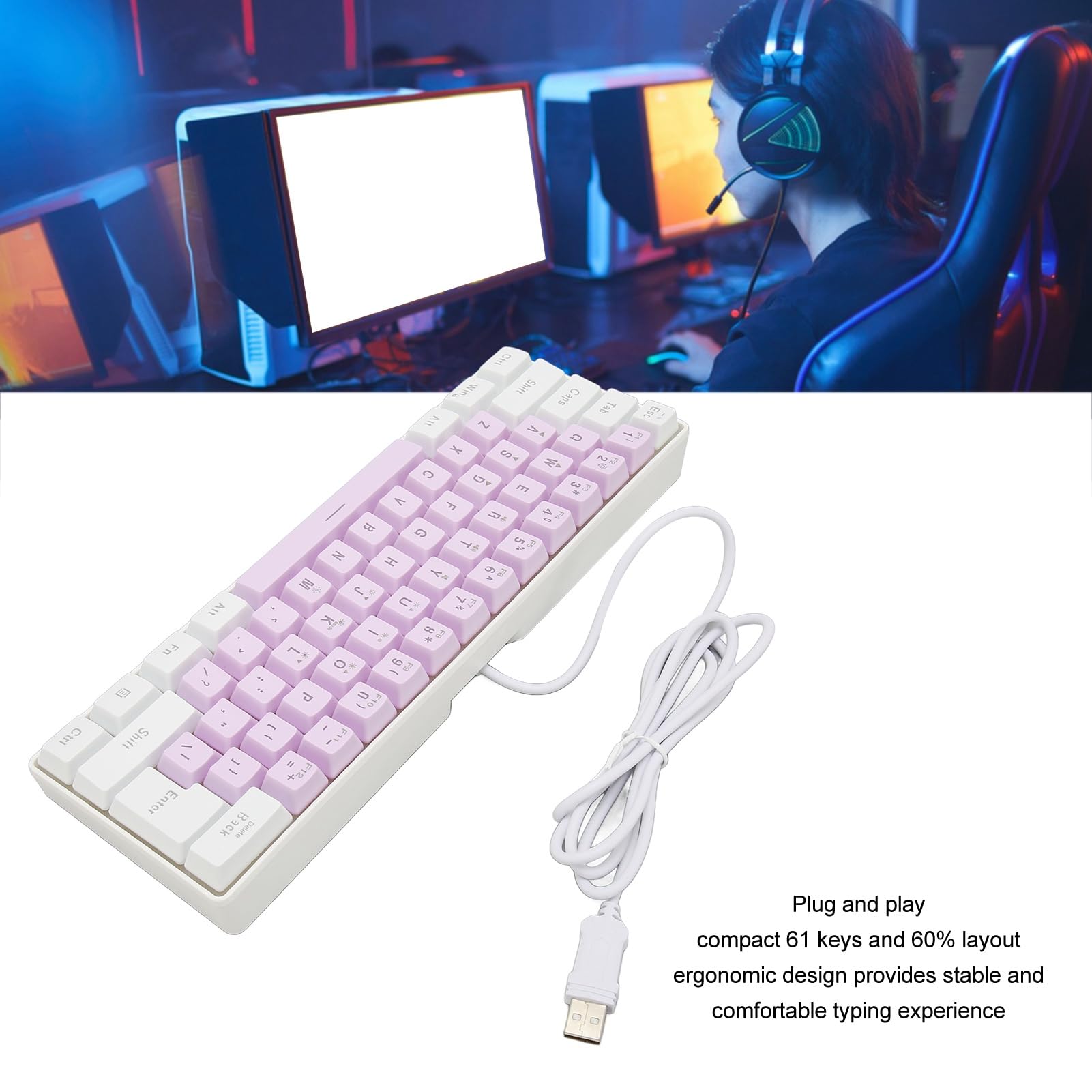 Tastiera Meccanica Da Gaming GS61 RGB – 60% Americana QWERTY, 61 Tasti, Switch Lineari Rossi, Cavo USB Rimovibile (Rosa) - 5
