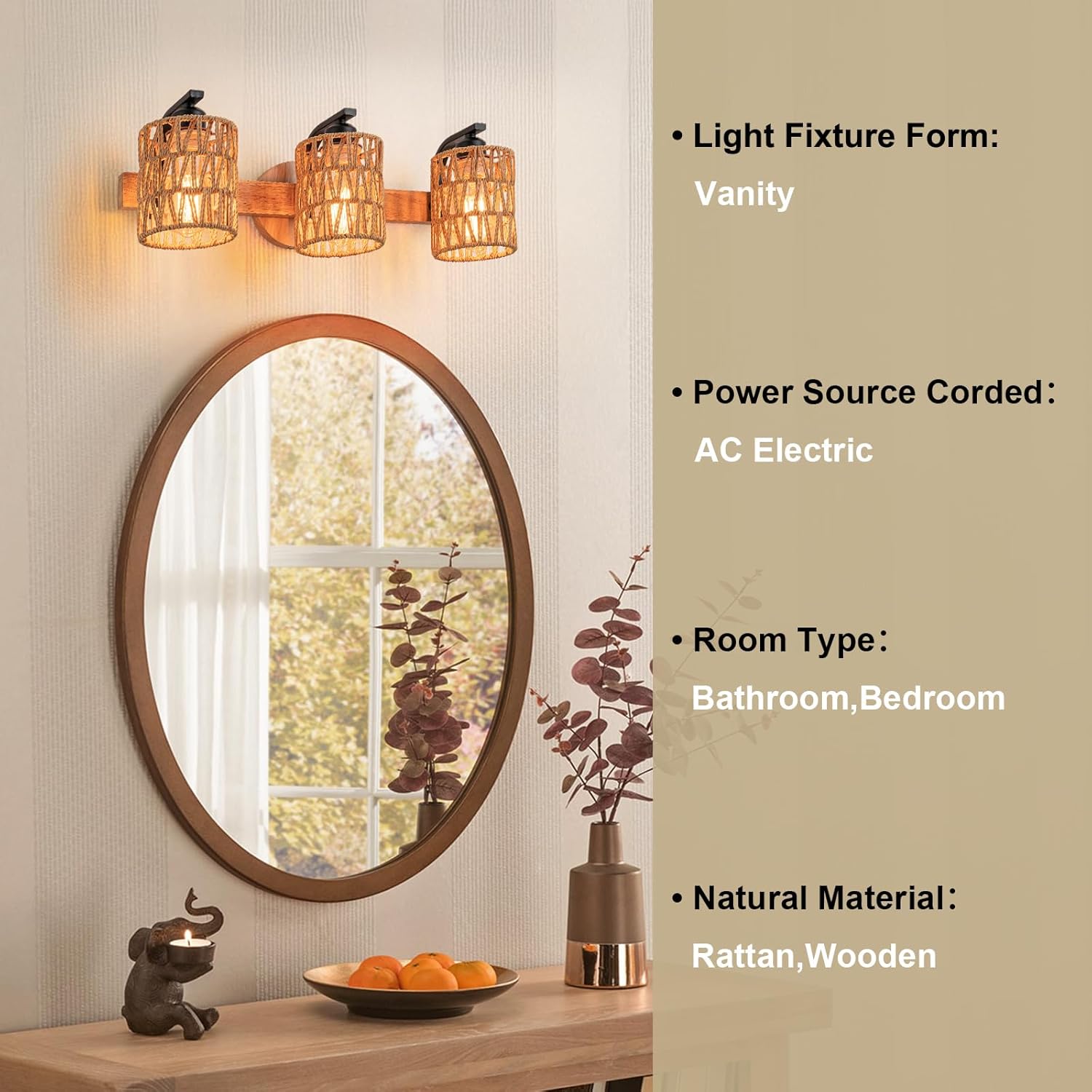 Boho Vanity Light Fixtures,Bathroom Lights Over Mirror,Rustic Rattan Wall Sconce with Woven Cage,3-Light Boho Wall Mounted Light Wooden Farmhouse Vanity Lighting for Bedroom Hallway Living Room Foyer