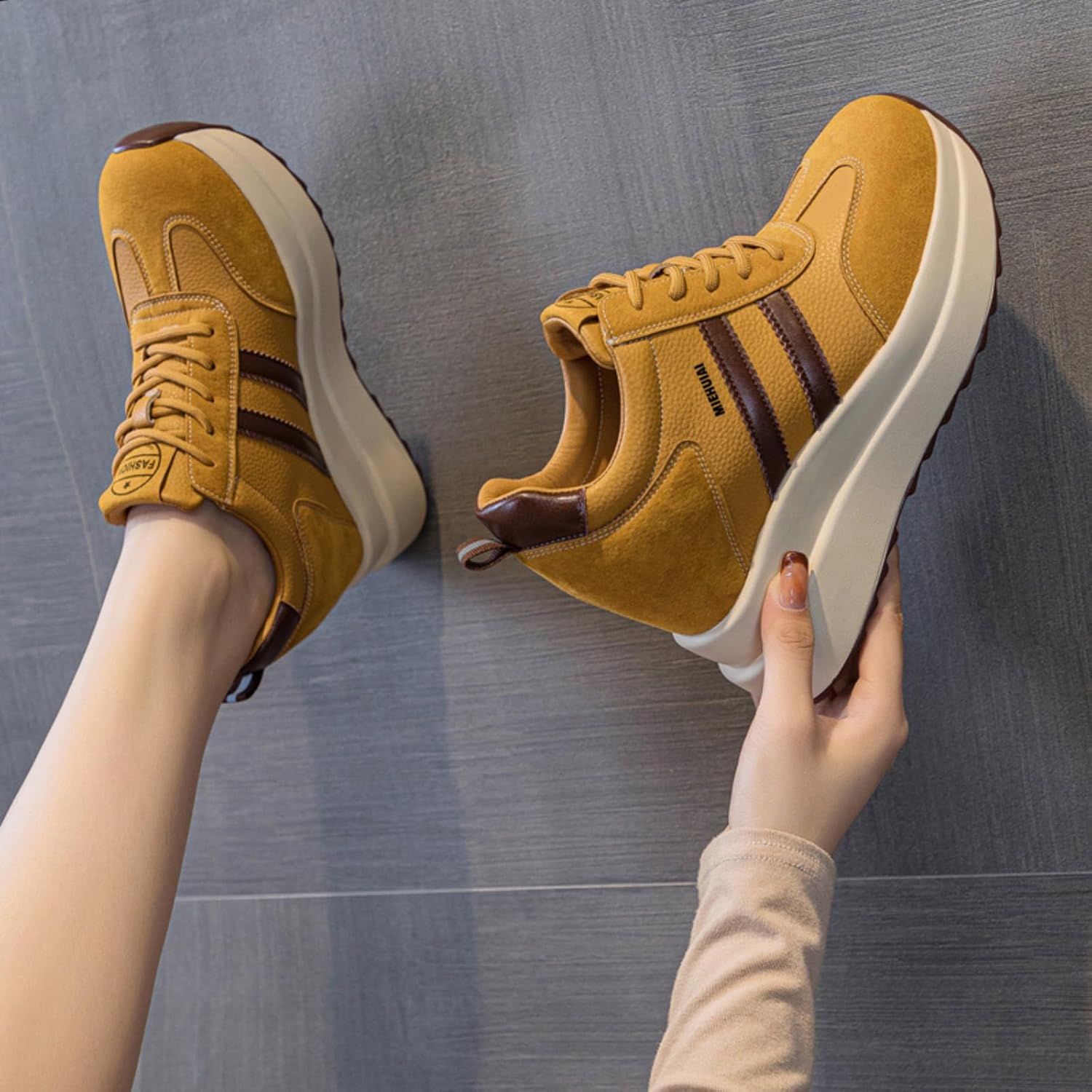 Platform Sneakers for Women High Hidden Heel Wedge Sneakers Fashion Leather Chunky Lace up Wedge Tennis Shoes Increasing 3.94 inch - Image 2