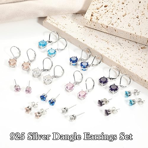 Miniatura 4 de Aretes colgantes y tachuelas de cristal multicolor para mujer, de plata 925, hipoalergénicos, aretes colgantes con cierre de palanca para niñas