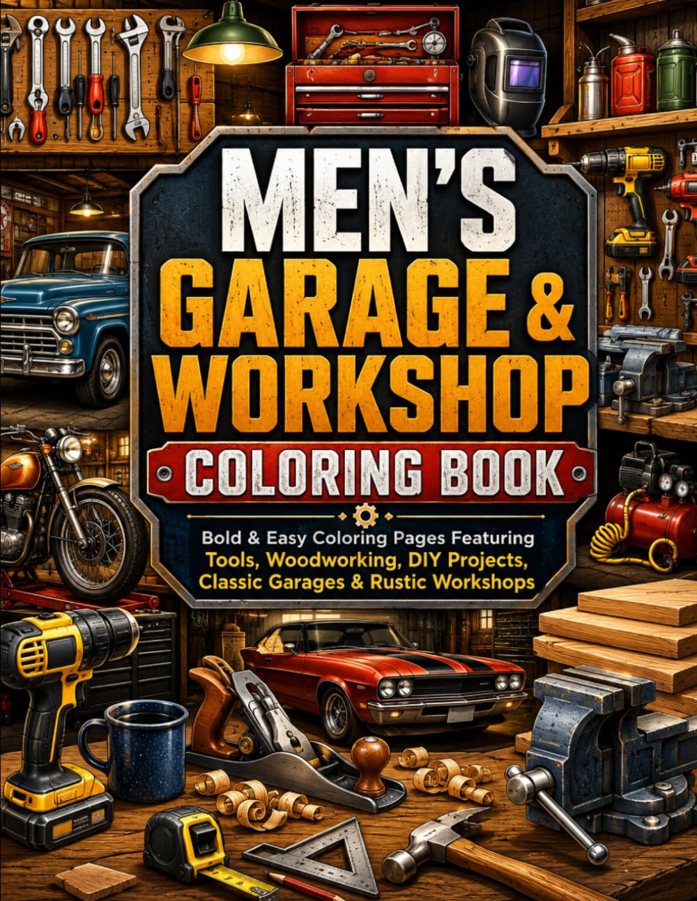 Men's Garage & Workshop Coloring Book: Bold & Easy Coloring Pages Featuring Tools, Woodworking, DIY Projects, Classic Garages & Rustic Workshops for Adults, Teens, Stress Relief & Relaxation