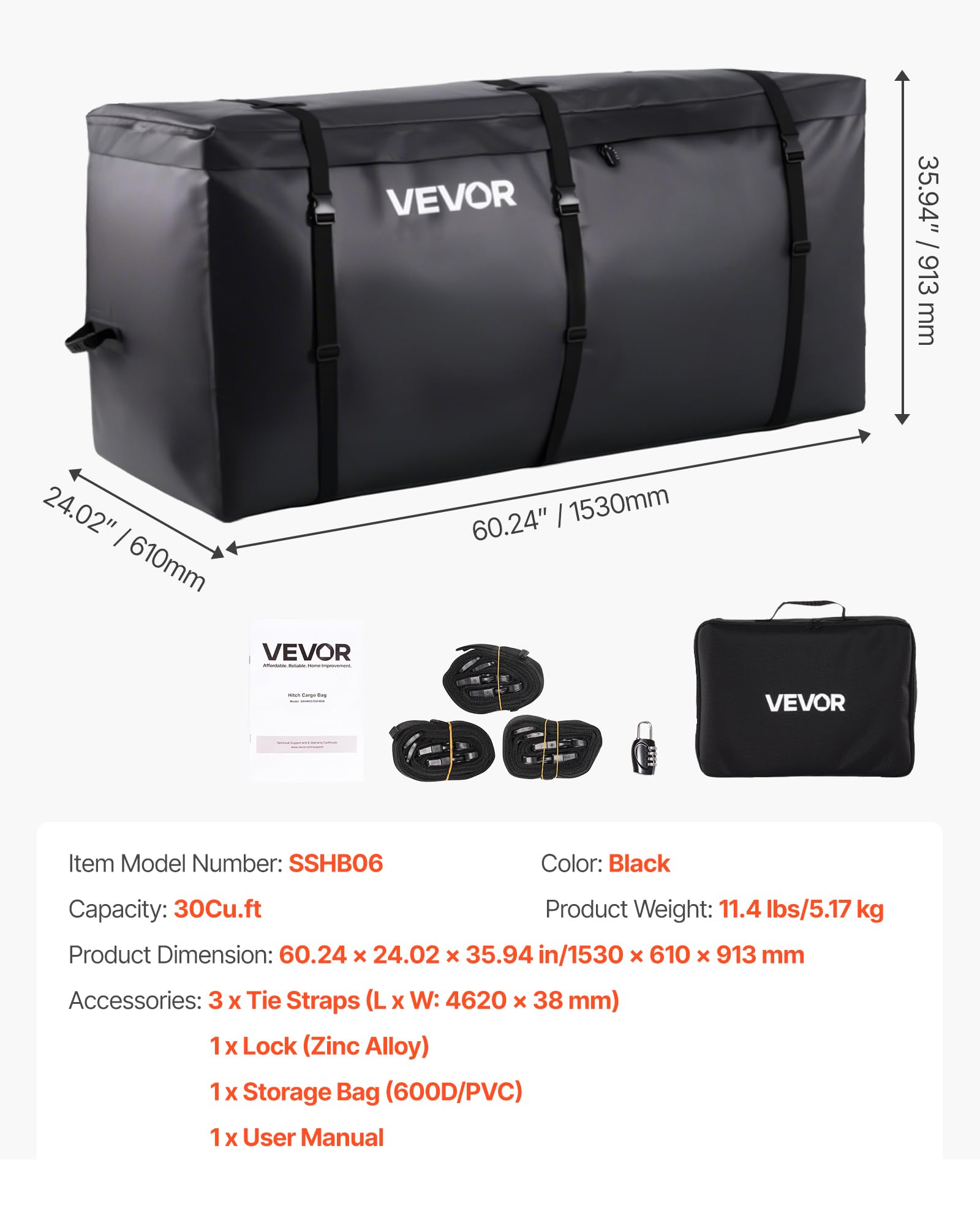 VEVOR Sac de Transport pour attelage, PVC 840D imperméable, 0,85 m³, Sac de Rangement d'attelage Robuste pour Benne du Camion avec Sangles renforcées, pour la Plupart des SUV, camions, fourgonnettes