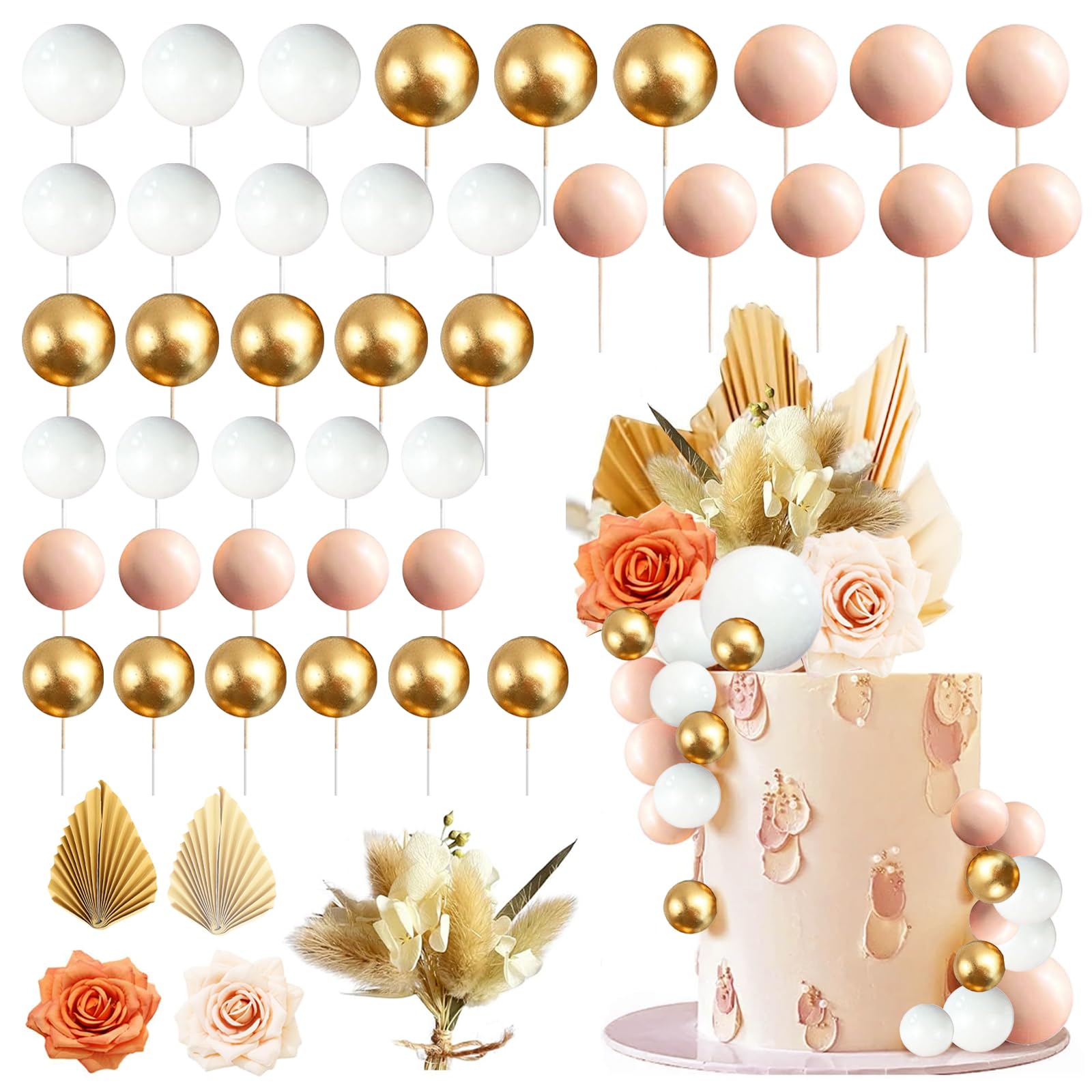 45 Pcs Pink Cake Decorations, Ball Cake Insert Decoration, Palm Leaves Cake Topper, Flower Cake Topper, Dried Flowers for Boho Decor for Wedding Baby Shower Birthday Party