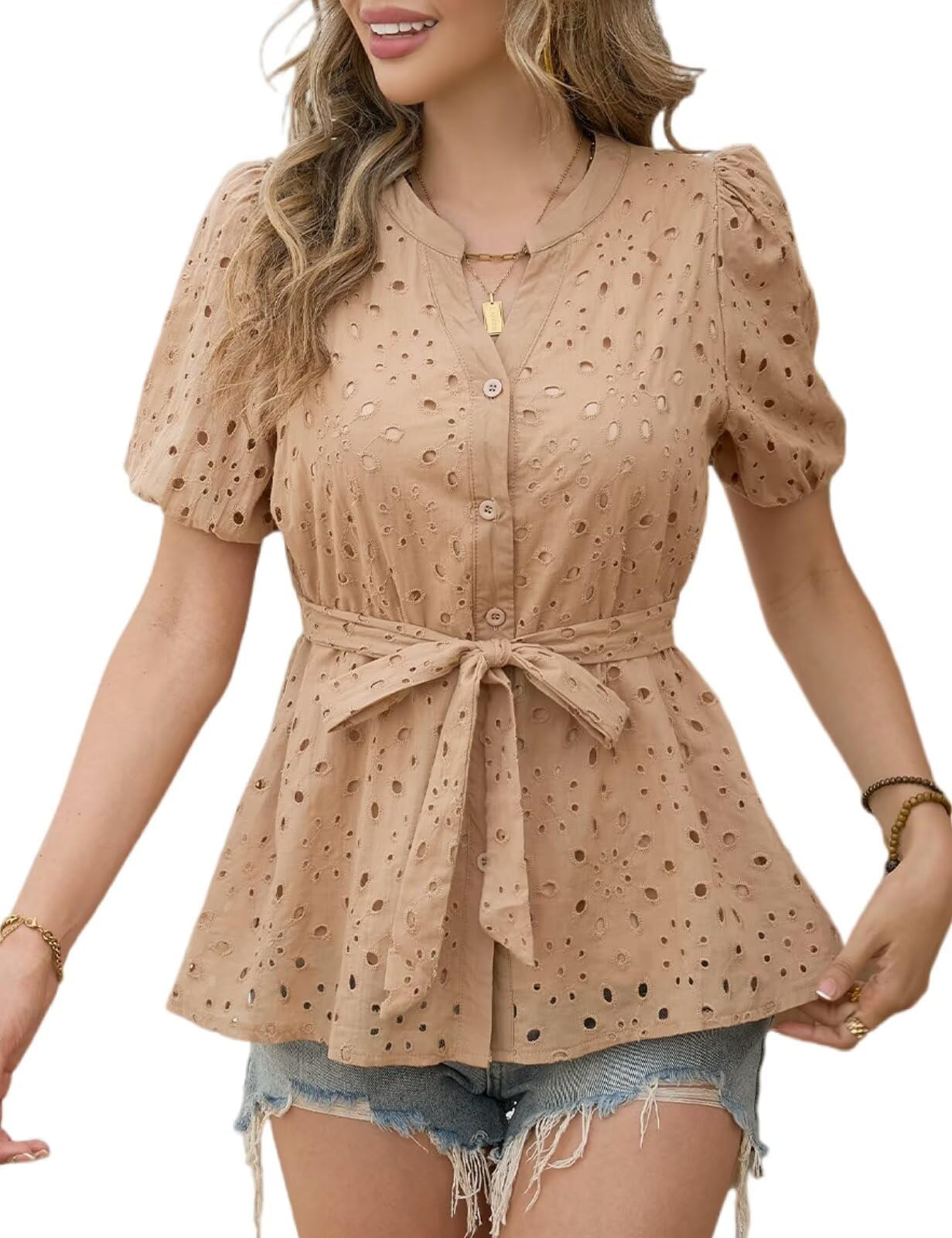 Photo 1 of ***STOCK IMAGE FOR REFERENCE***
 Womens Button Down Blouses Casual Peplum Summer Eyelet Tops Dressy Embroidered Work Blouse Apricot M