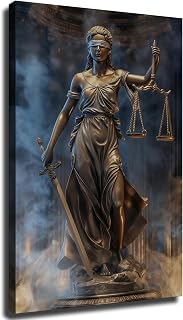 Justice Goddess Framed Wall Art, Legal Principle Themis Blindfolded Holding Sword Prints, Statue Law Firm Decorations, Ready To Hang (Framed,Wrapped Canvas,16 * 24inch)