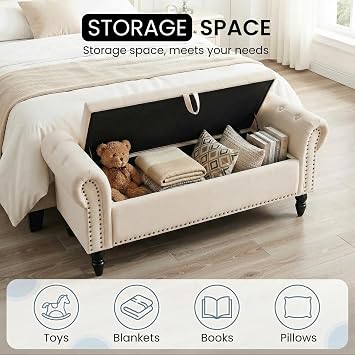Clevich Storage Bench 133cm, Velvet Indoor Footstool, 70 L Sofa Bench
