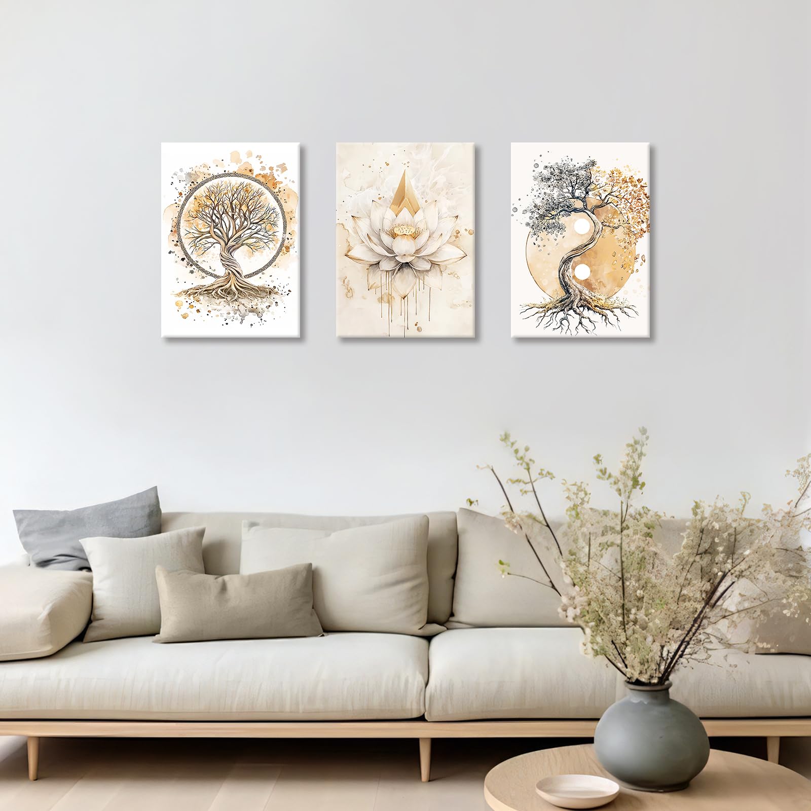 3Pcs Wooden Framed Canvas Wall Art Tree Of Life Yin Yang Painting Zen Buddhism Beige Lotus Flower Canvas Prints Pictures for Living Room Bedroom Hallway Home Wall Decor 120x60cm(16"x24"x3pcs) - Image 3
