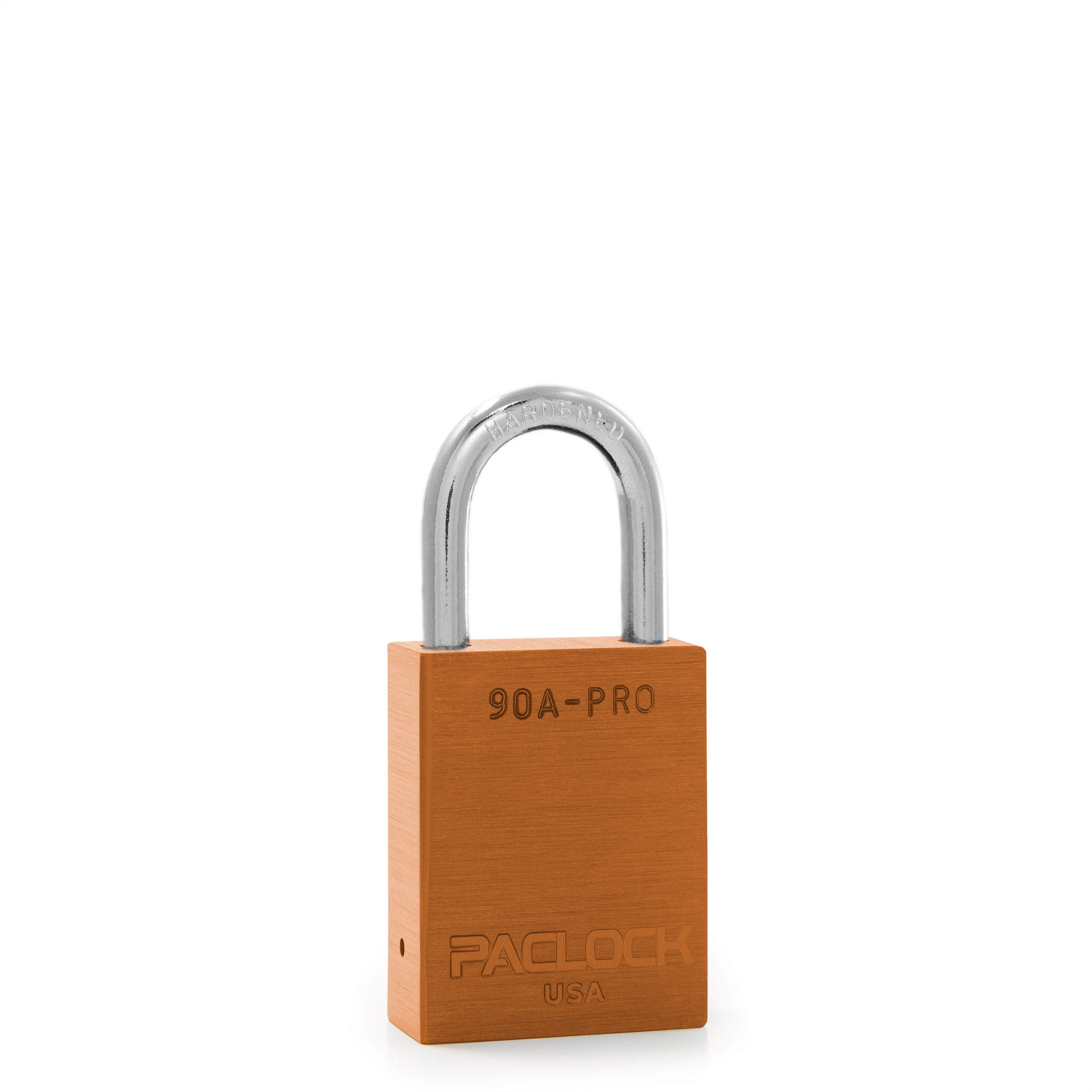 PACLOCK's 90A-PRO Padlock, 1/4" Diameter Hard. Steel Shackle, 1-3/16" Tall, High Performance 7-Pin Cylinder w/ 1 Key, Keyed Differently, Orange