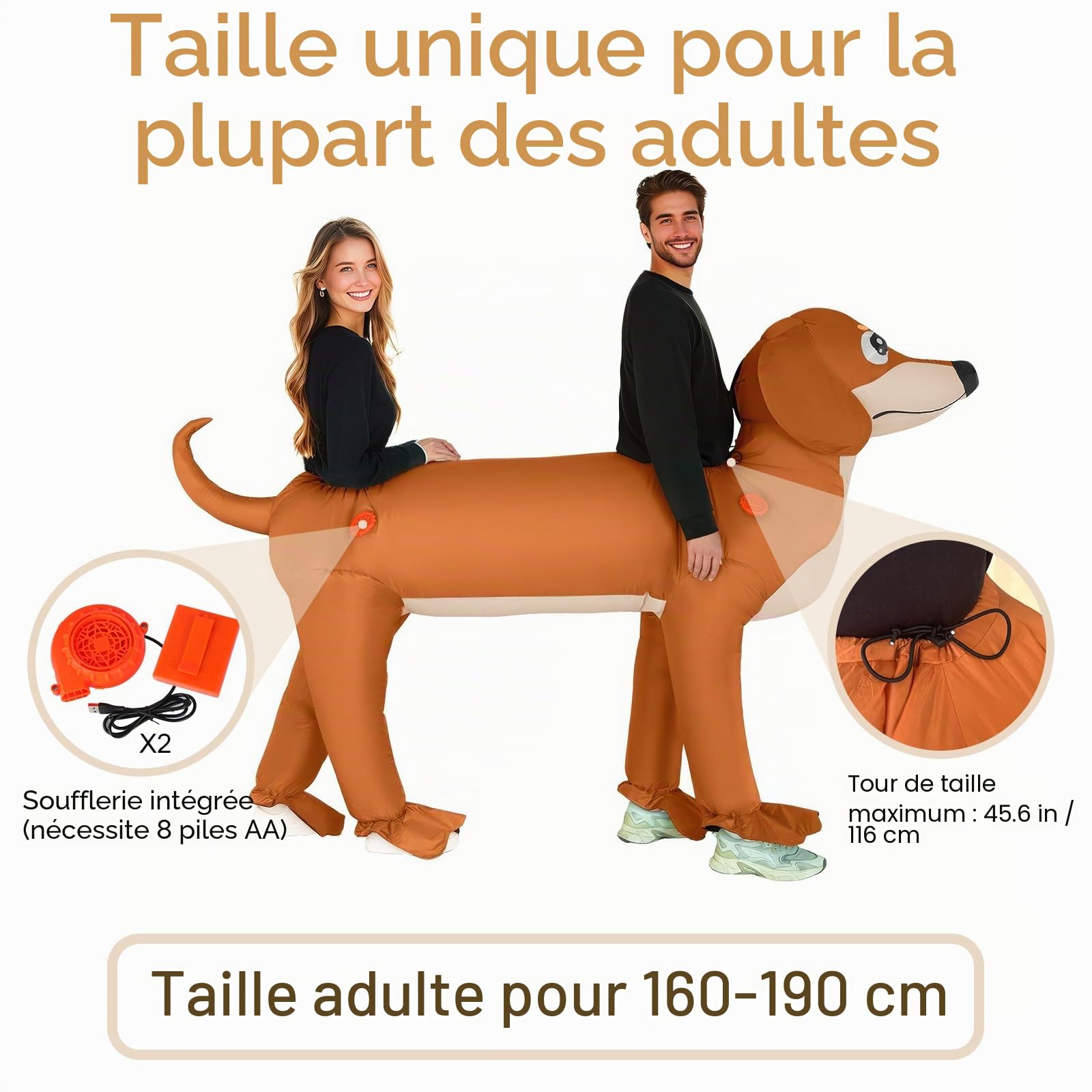 Poptrend Costume gonflable de teckel double pour adulte, costume gonflable double chien gonflable pour Halloween, costume de teckel pour homme et femme, costume de fête amusante