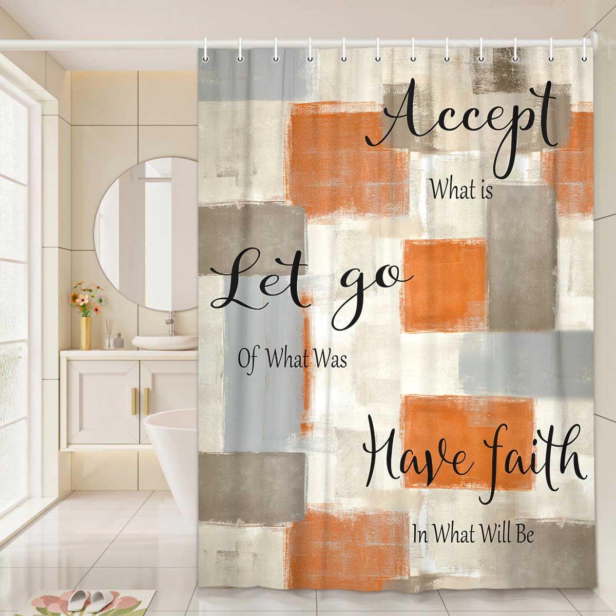 Abstract Orange Gray Shower Curtain, Modern Geometric Shower Curtain for Bathroom Decor, Minimalist Simple Aesthetic Grey Burnt Orange Painting Shower Curtain Set with 12Hooks, 70X85IN