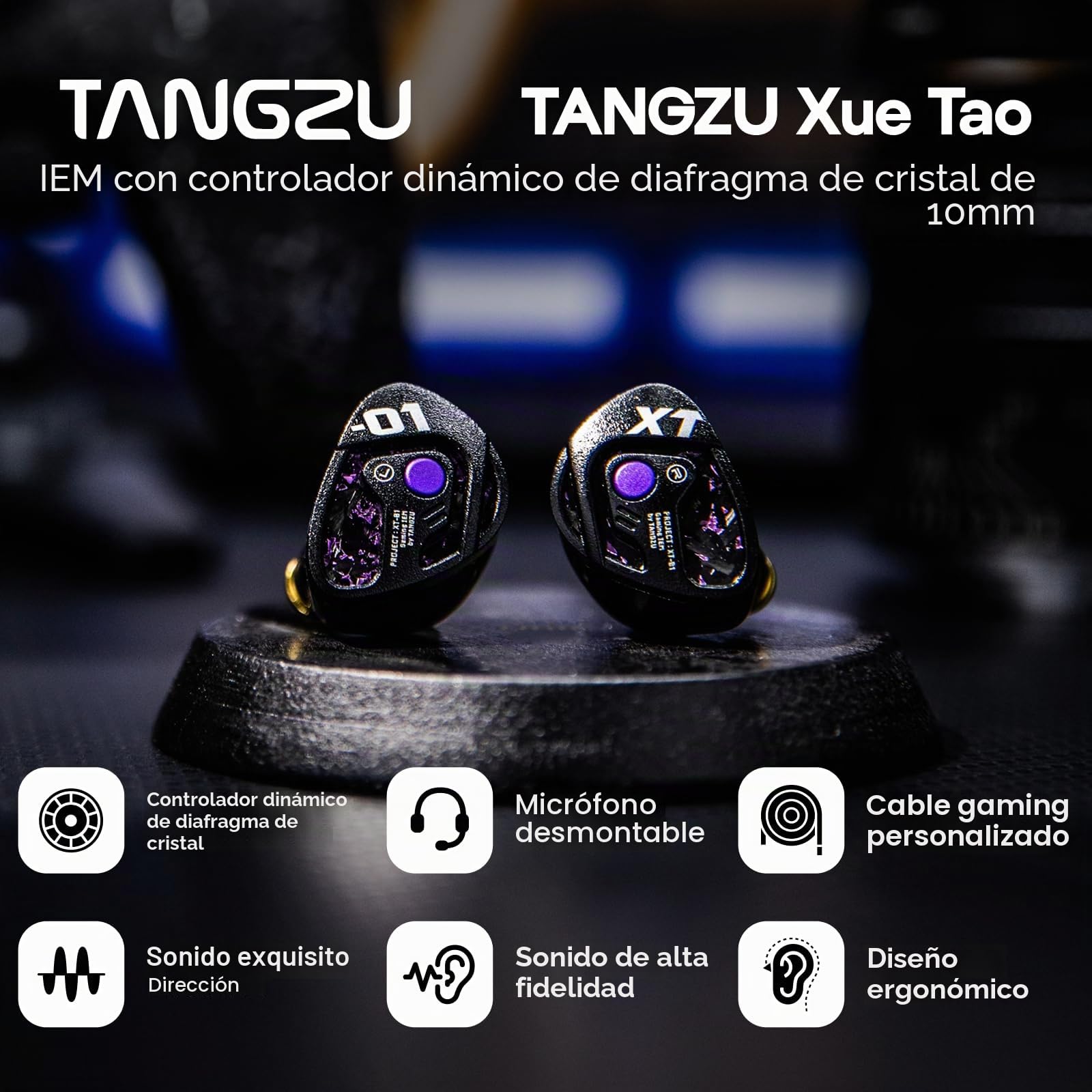 Linsoul TANGZU Xue Tao Gaming IEM,Auriculares con Cable con Micrófono, In Ear Monitor con Driver Dinámico de Diafragma de Vidrio 10mm, con Alambre OFC Desmontable de 2Pin Gamers Audiófilos (TypeC MIC)