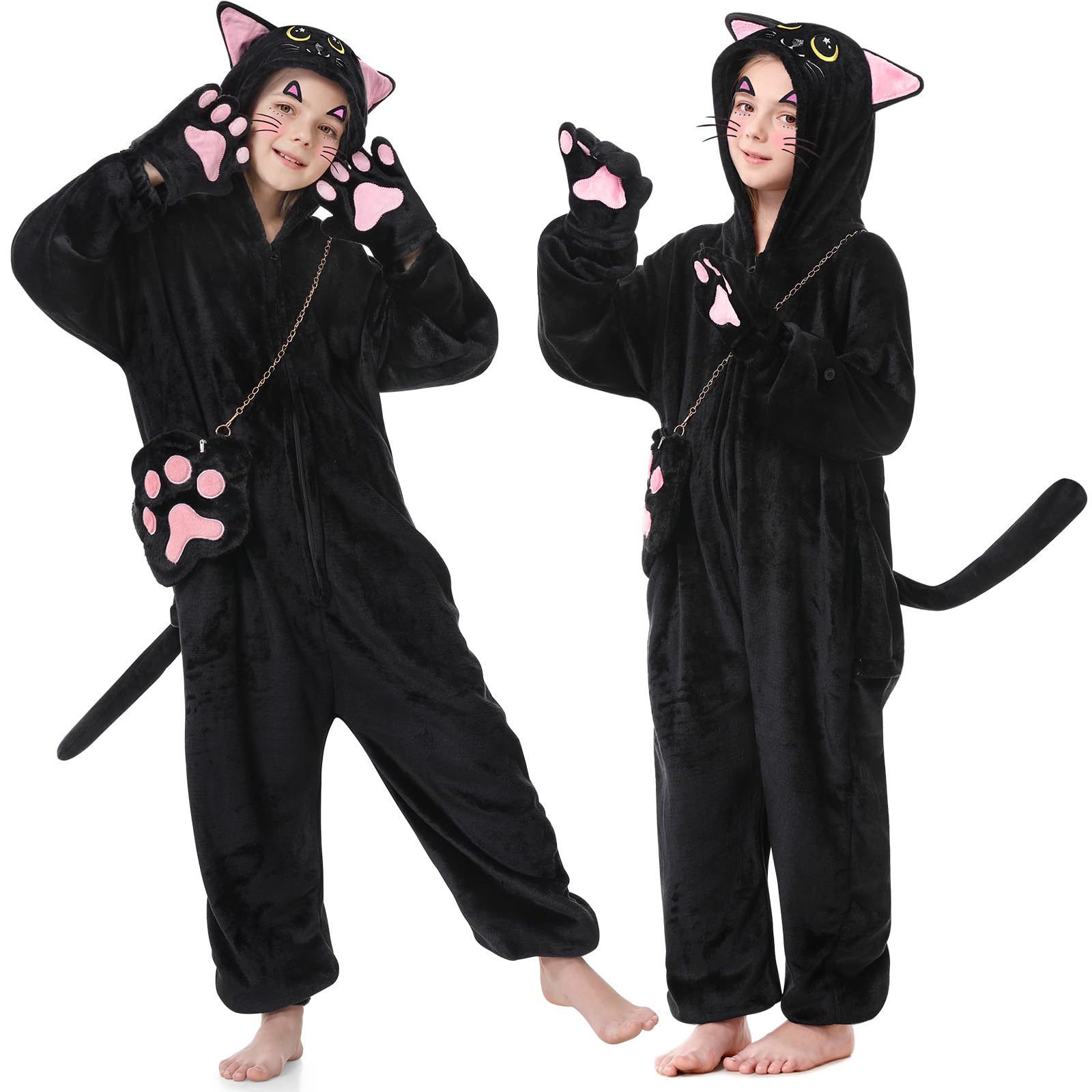 LumenVela Costume Gatto Bambina, Vestito Gatto Bambino con Borsa a Tracolla, Adesivi, Pigiama Intero Vestito Halloween Bambina Costume Carnevale Gatto per Halloween, Carnevale, Cosplay, Feste