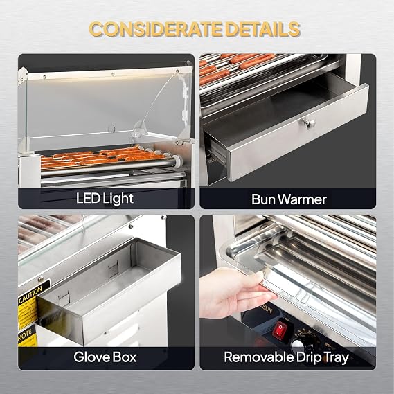 ROVSUN Hot Dog Roller, 12 Hot Dog 5 Rollers ETL Certified, Hot Dog Machine with Bun Warmer, Dual Temp Control, Glass Cover, LED, Side Storage Box, Shelf & Drip Tray for Party Home Commercial 900W
