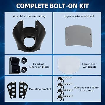 Quarter Fairing Windshield Kit for Harley Softail Street Bob FXBB FXBBS Softail Standard FXST 20182024, Motorcycle Front Fairing Two-Tone Windscreen, Quick-Release 49mm Fork Clamps