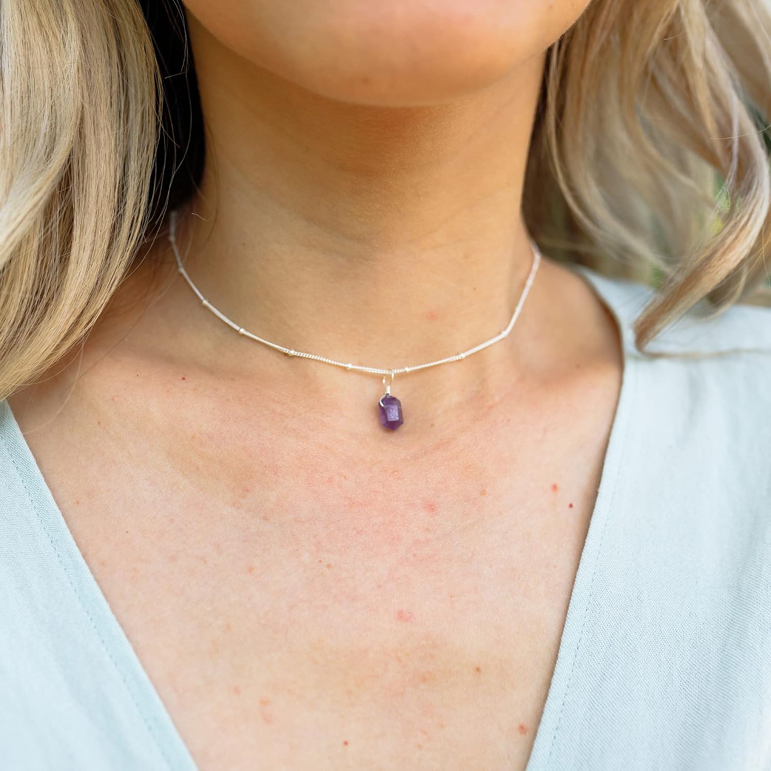 Luna Tide Amethyst Double Terminated Crystal Pendant Choker in Sterling Silver Satellite