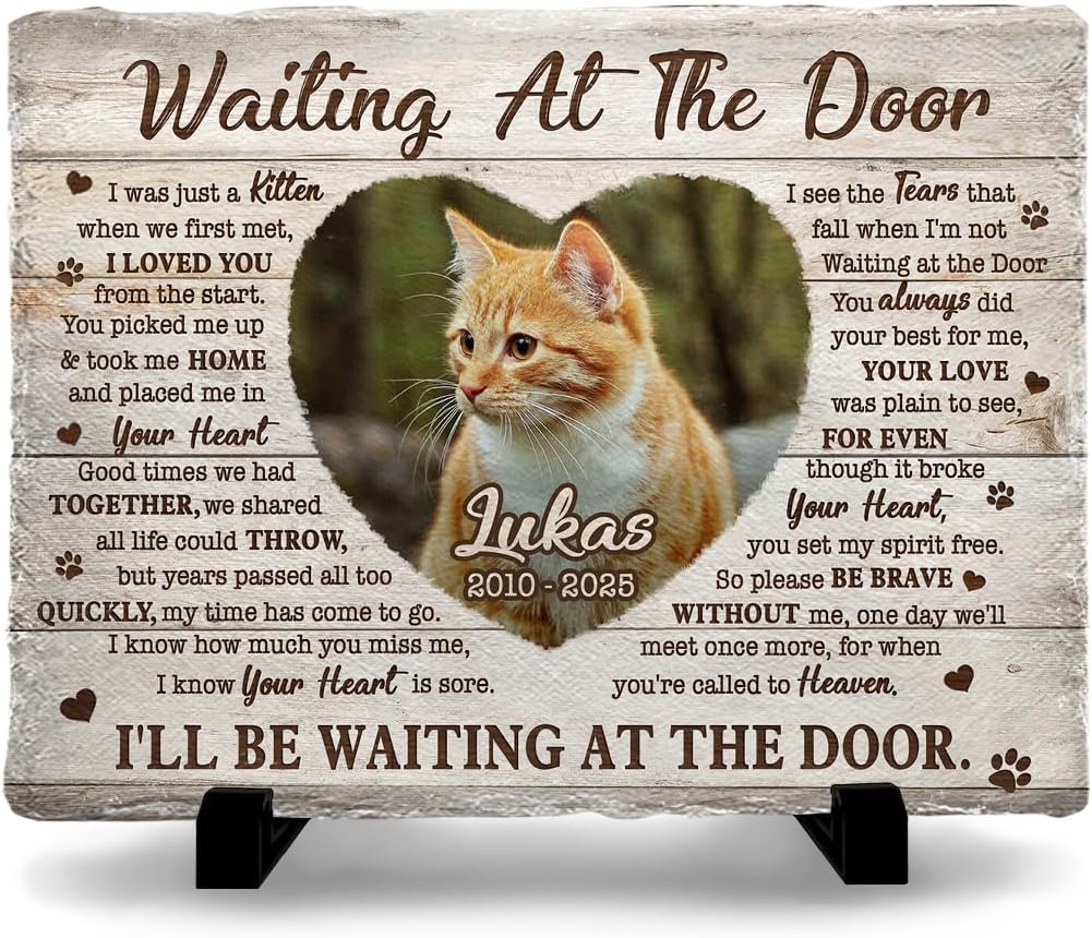 Personalized Cat Memorial Stone, Waiting at The Door, Pet Loss Sympathy Gift & Cat Bereavement Gift, Customizable Photo Prints, Name, Years, Background Color