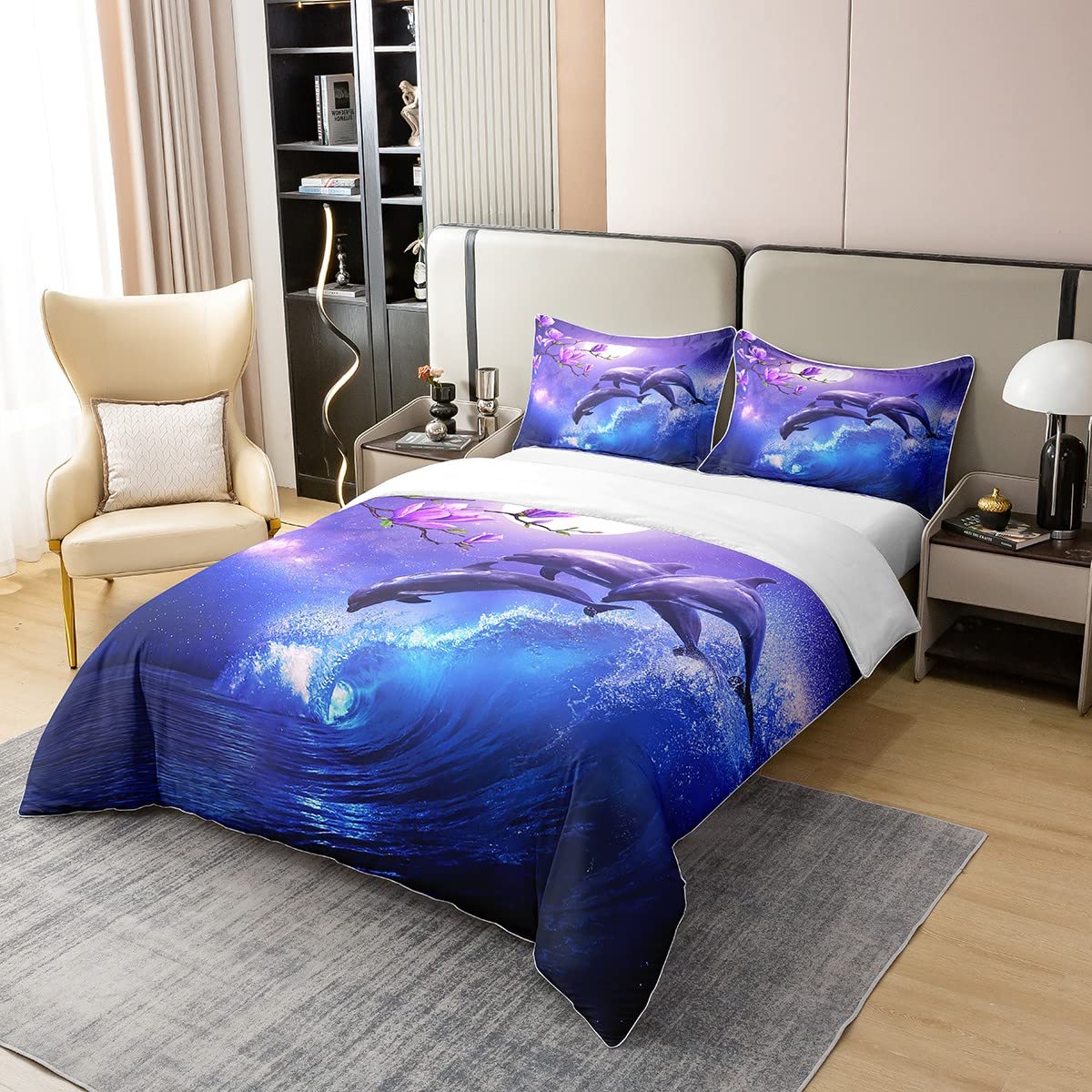 Galaxy Dolphin 100% Waschen Baumwolle Bettbezug 135x200 Coastal Ozean Waves Bettwäsche Set Lila Kirschblüten Meer Tier Tröster Bezug für Kinder Jungen Mond Himmel Starry Steppdeckenbezug Blau