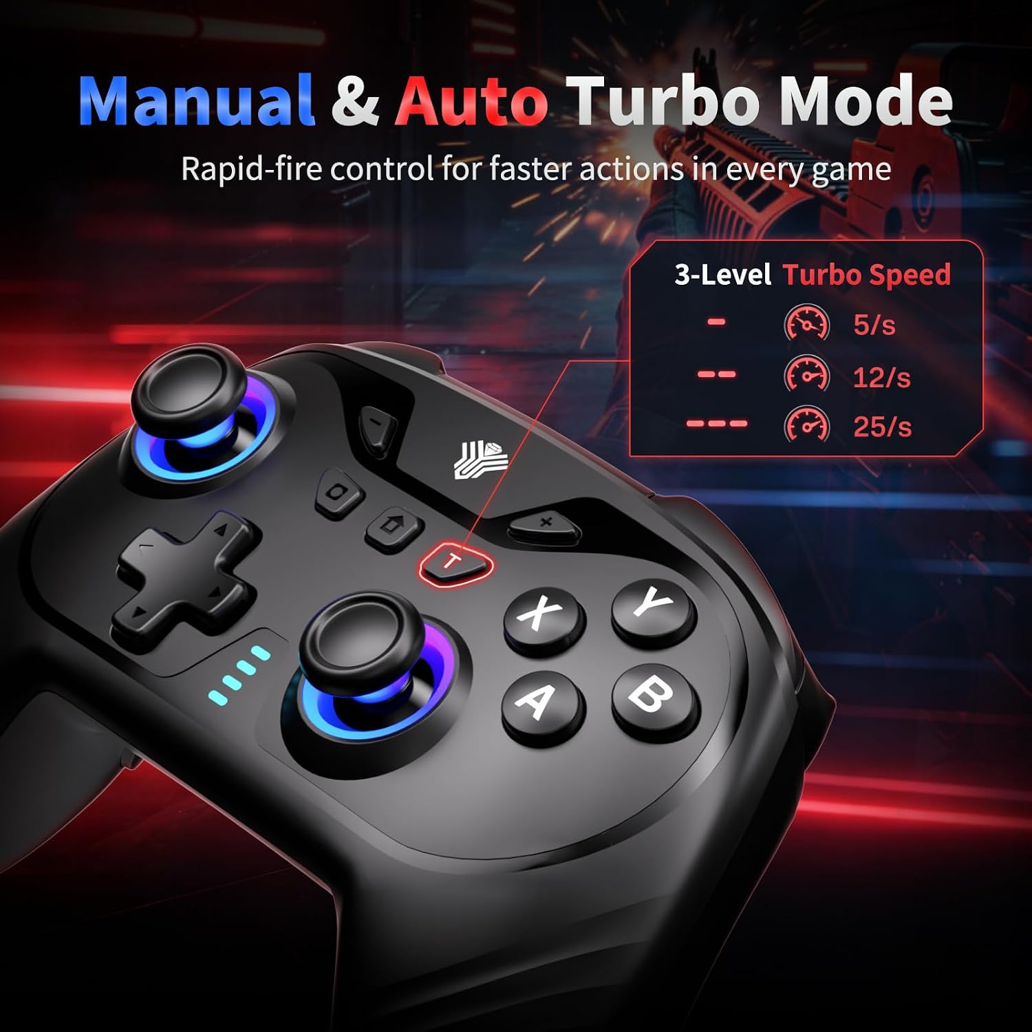 YUYIU Wireless Gaming Controller for PC, Switch, Steam Deck, Android, iOS | Hall Effect Joysticks, 1000Hz Polling Rate, RGB Lighting, Dual-Mode Triggers, Macro, Turbo, 6-Axis Gyro, Charging Dock, Black