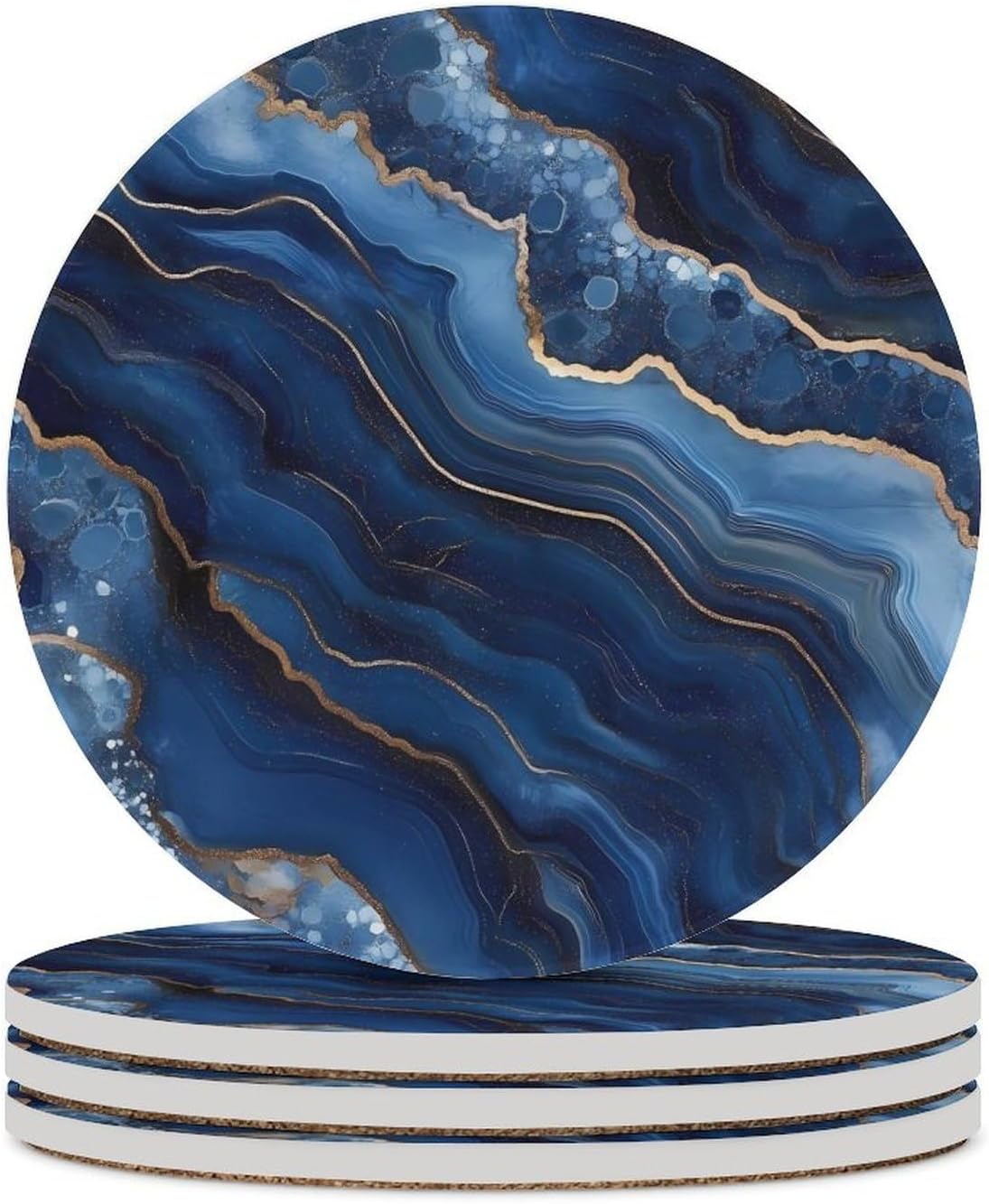 Gold Dark Blue Agate Print Round Ceramic Coasters for Drinks Absorbent Cup Holder Tabletop Protector with Cork Base
