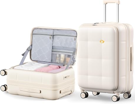 MGB 26 Inch Large Expandable Checked Luggage Hard Shell Suitcase Cream | Top Opening Rolling Travel Suitcases Trunk Luggage with Spinner Wheels & TSA Lock for Woman Men Gifts