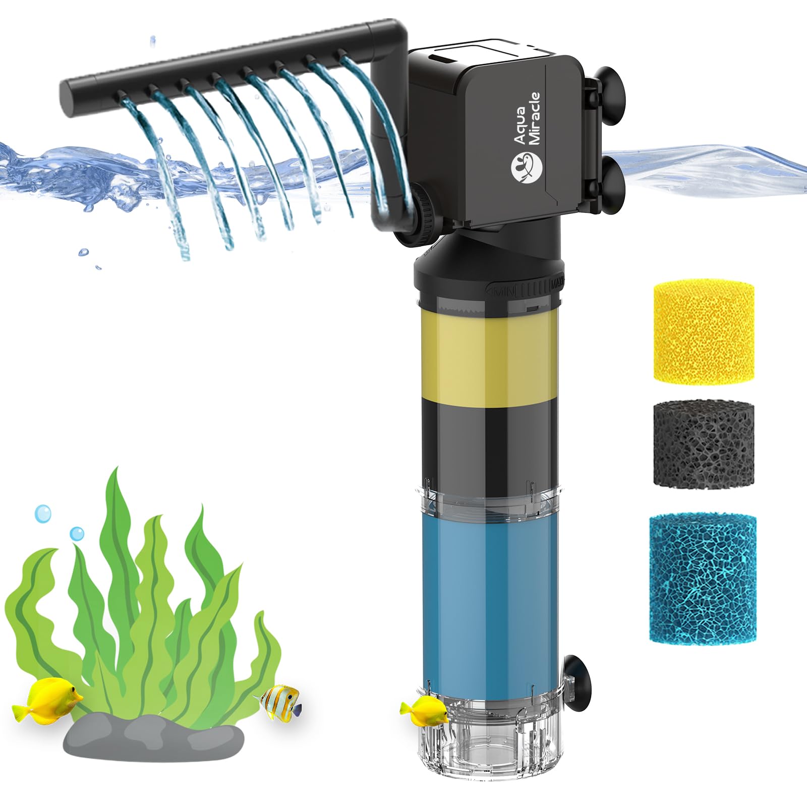 AquaMiracle Aquarium Filter for 40-150 Gallon Aquariums, Fish Tank Filters Turtle Filter Internal Power Filter 3-Stage Filtration with Aeration/Rainfall Modes Flow Rate and Direction Adjustable