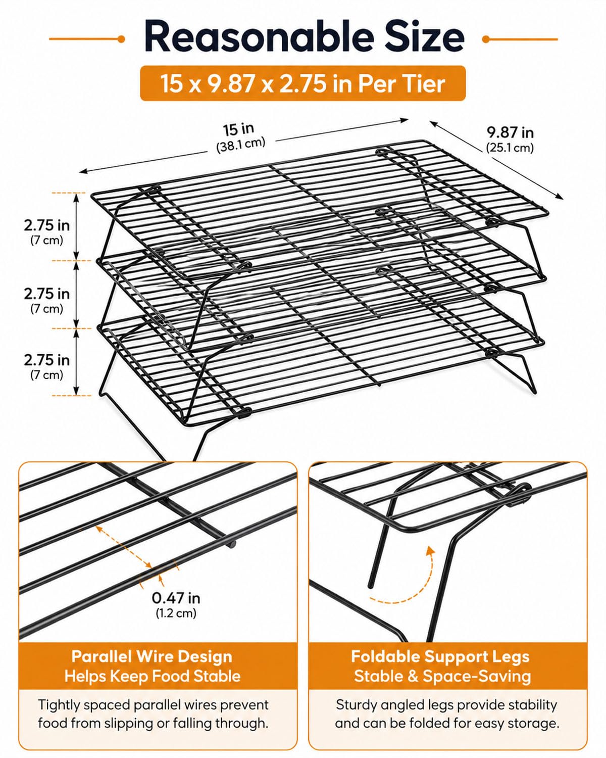 Estante de refrigeración, 1 paquete de 3 niveles apilable estante de refrigeración para horno, estante de alambre para hornear, estante de refrigeración para hornear, estante de refrigeración para