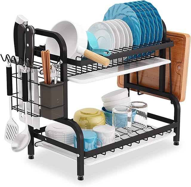 COVAODQ Drying Rack KitchenTwo Tier Dish Drainer2 Tier Black Dish Drainer Rack, Rust Proof Dish Drying Rack 2 Tier Drainer Rack With Drip Tray(Black)