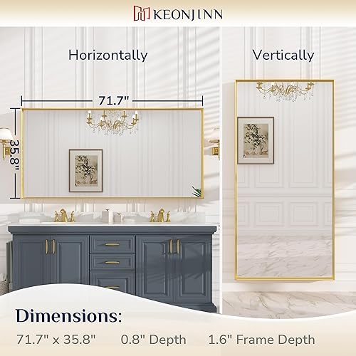 Miniatura 327 de Keonjinn Espejo de baño dorado de 48 x 36 pulgadas, espejo rectangular con marco de metal dorado cepillado, espejo de pared grande rectangular