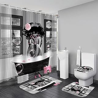 4Pcs African American Shower Curtain Sets with Rugs, Black Girl Shower C...